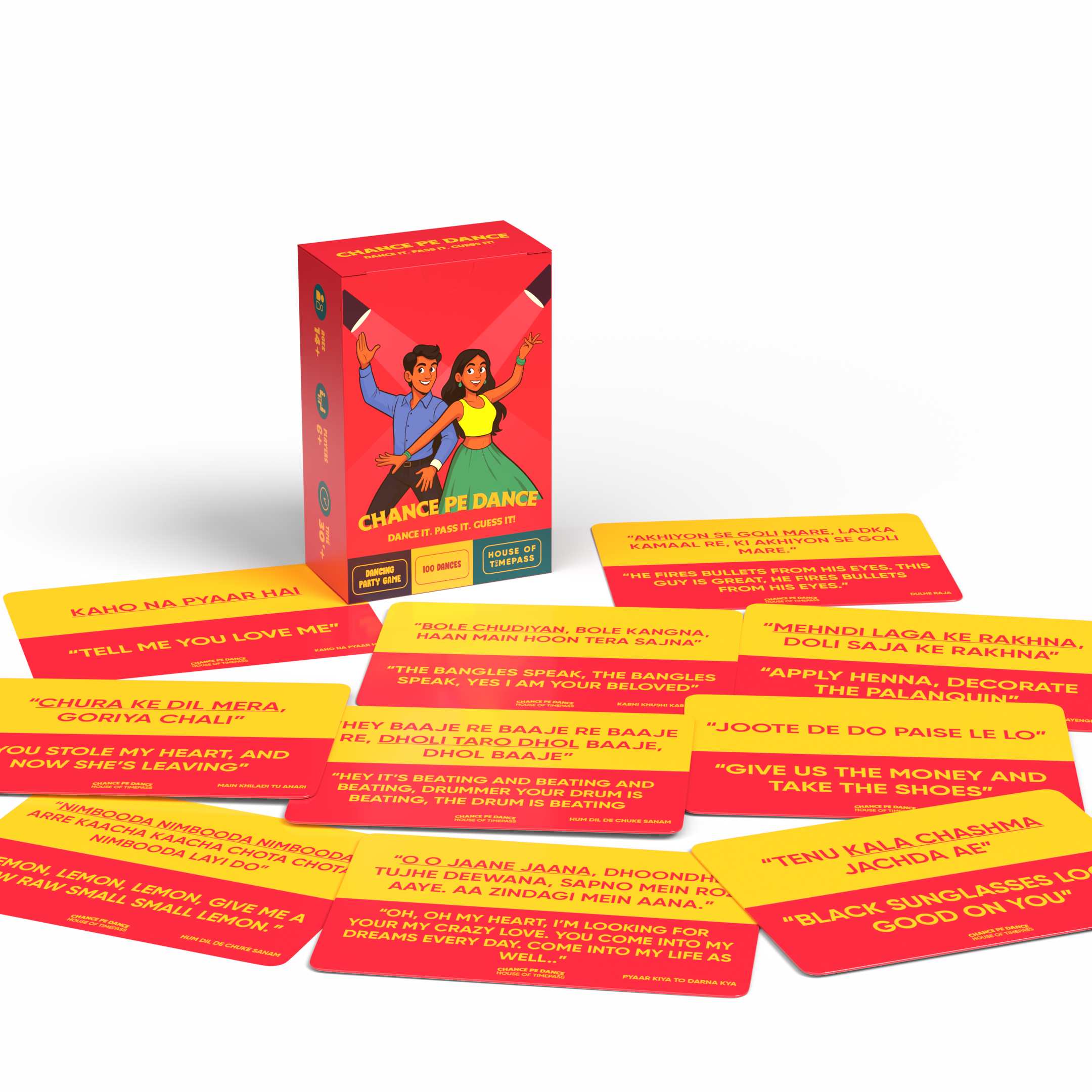 Chance Pe Dance box with dance prompt cards laid out beside it