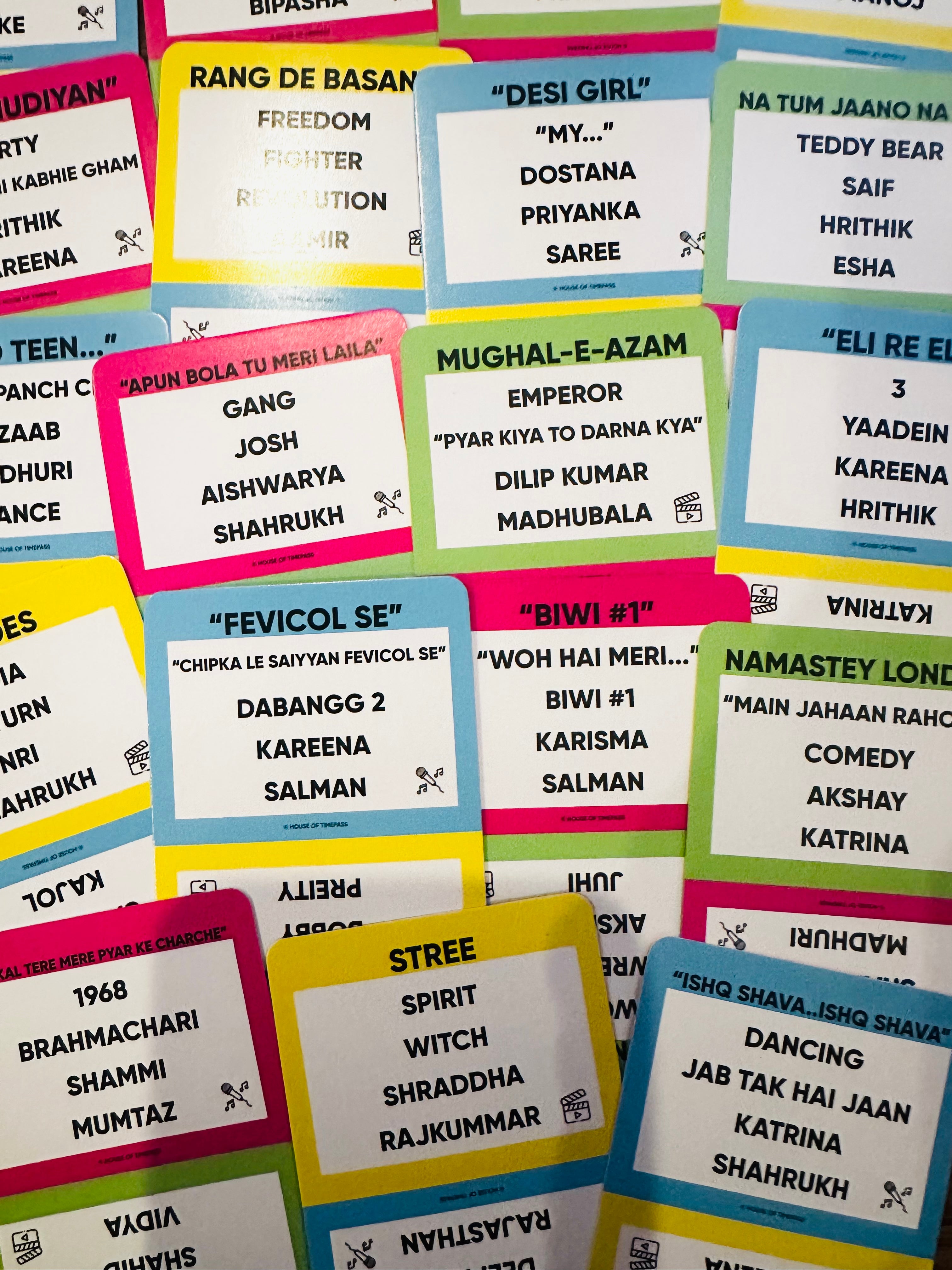Bollywood Movie and Song Pack cards showing film and song titles to guess