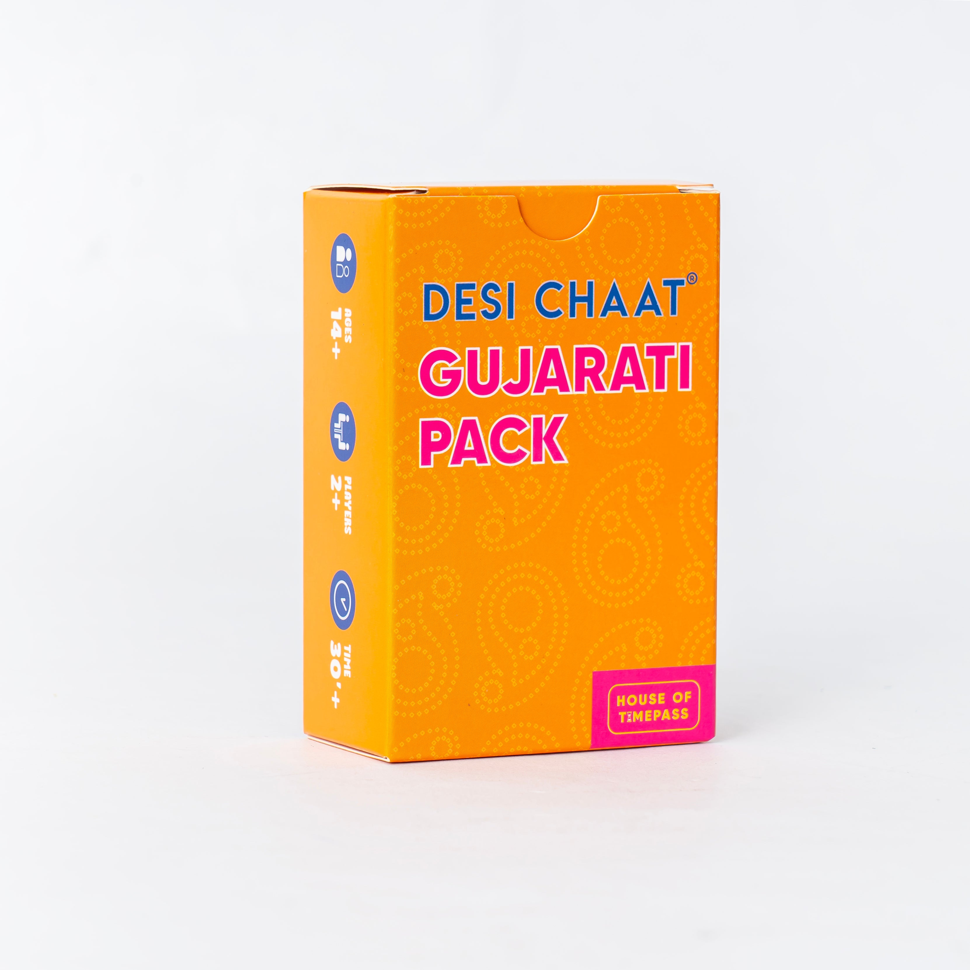 Desi Chaat Gujarati Pack tuck box standing upright on a white background