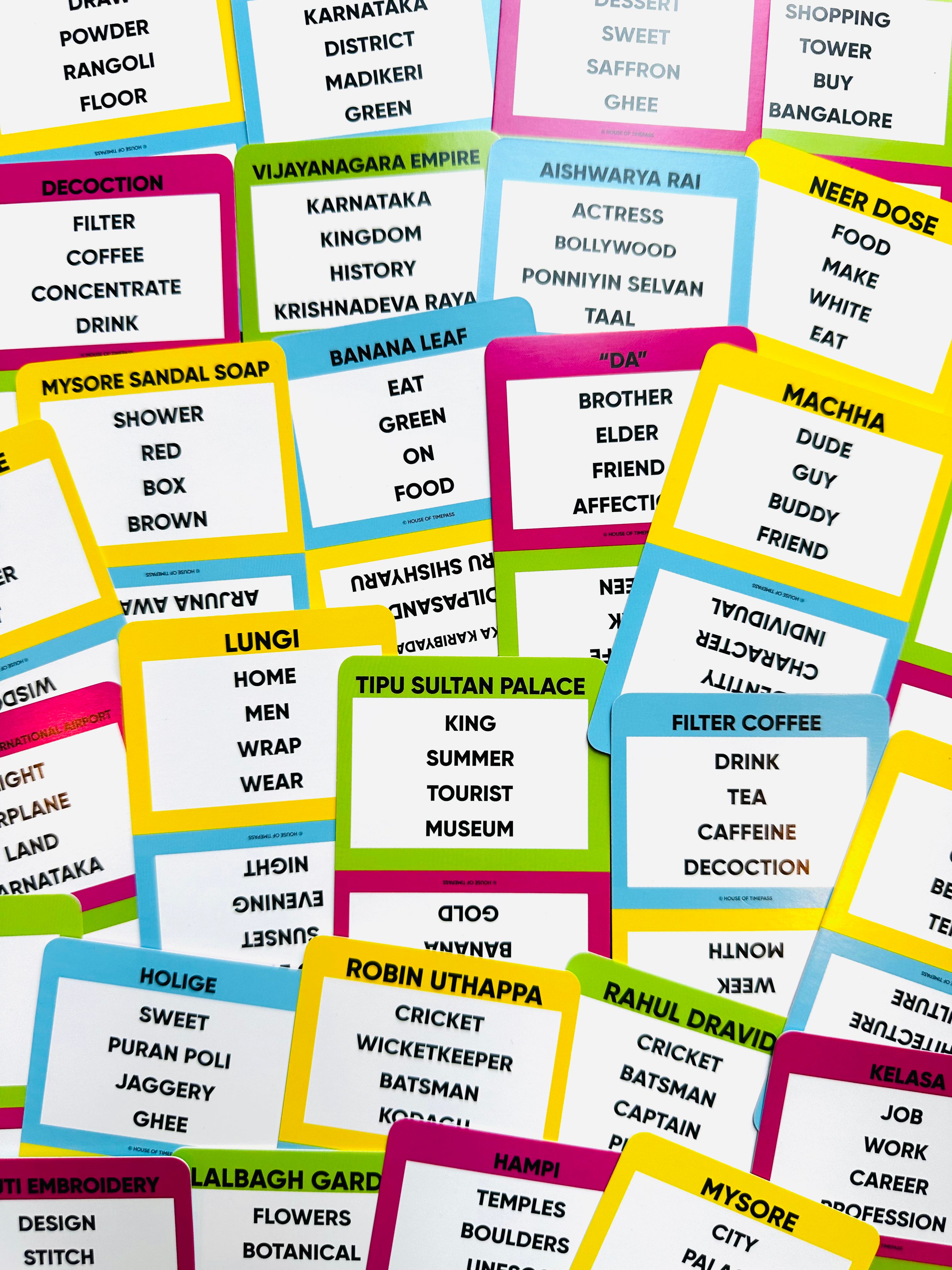 Kannada Pack cards spread out showing Kannada words and phrases to guess