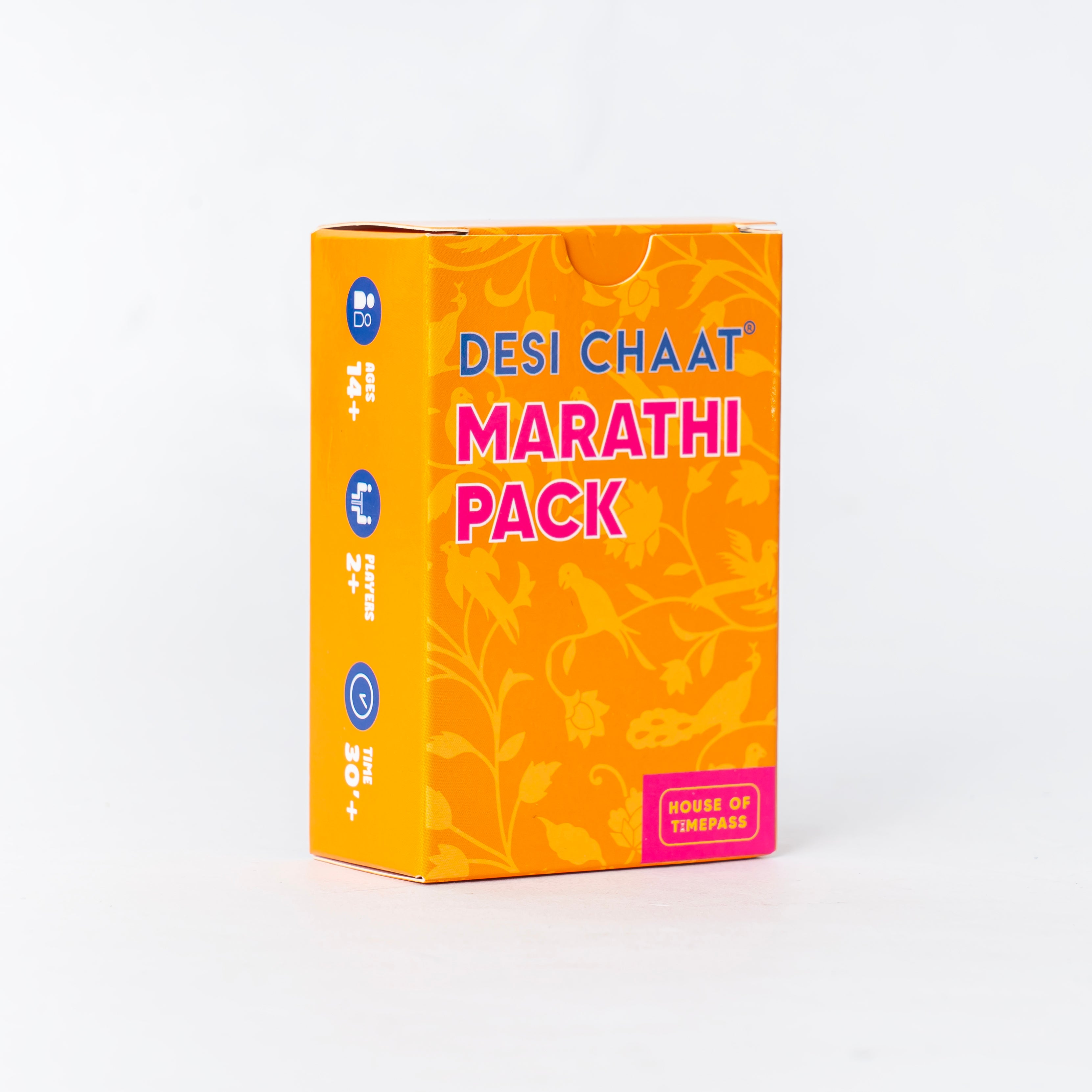 Desi Chaat Marathi Pack tuck box standing upright on a white background