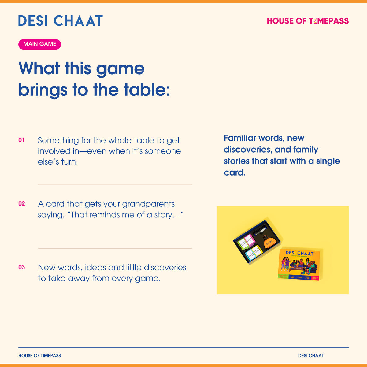 What the physical Desi Chaat main game brings to the table: whole-table involvement, family stories and new discoveries, with the actual boxed game, cards, cowbell and sand timer.