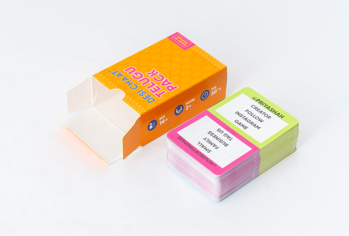 Desi Chaat Telugu Pack box open with word cards fanned out in front of it