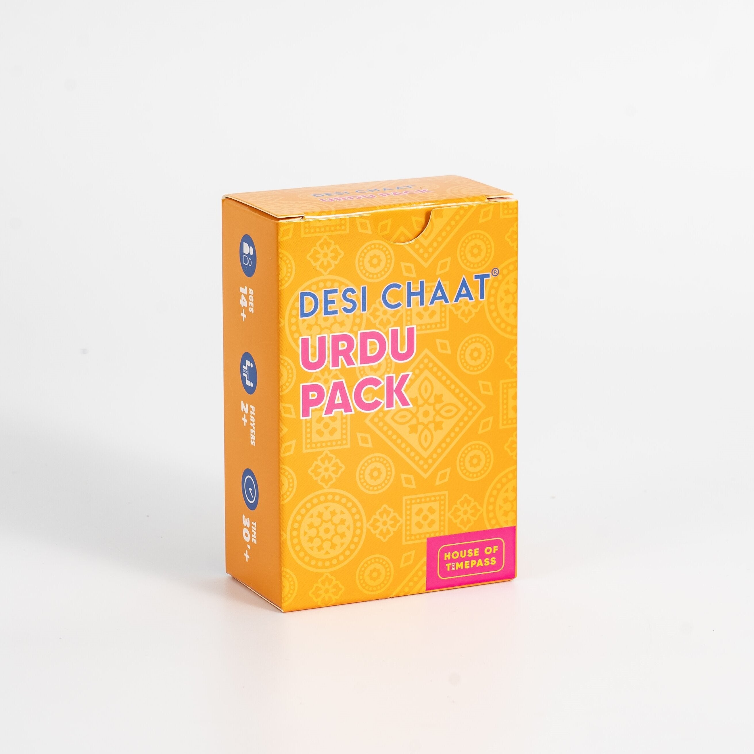 Desi Chaat Urdu Pack tuck box standing upright on a white background