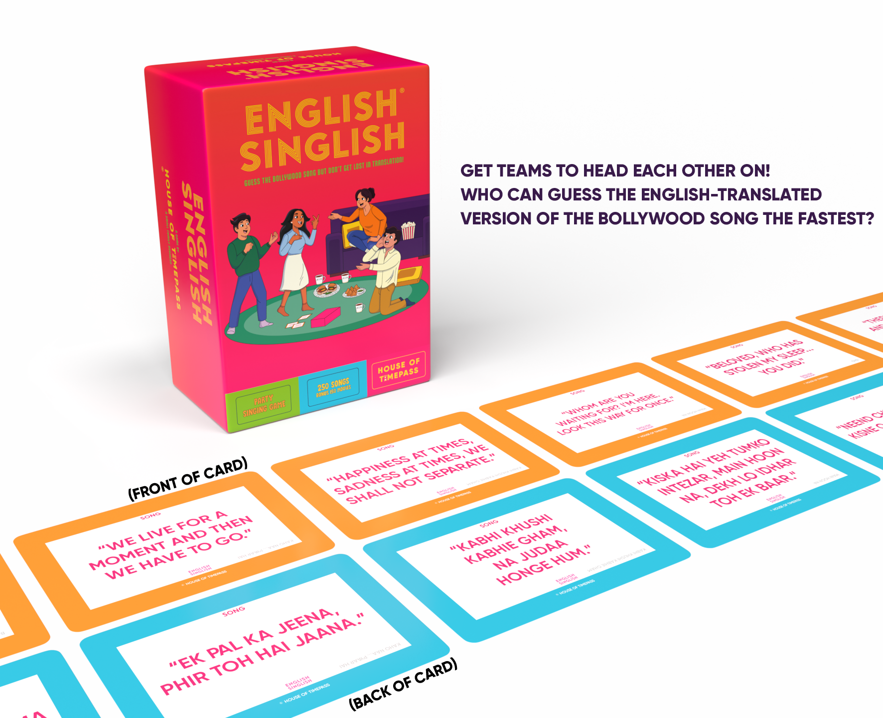 English Singlish box and cards, where teams race to guess the Bollywood song first