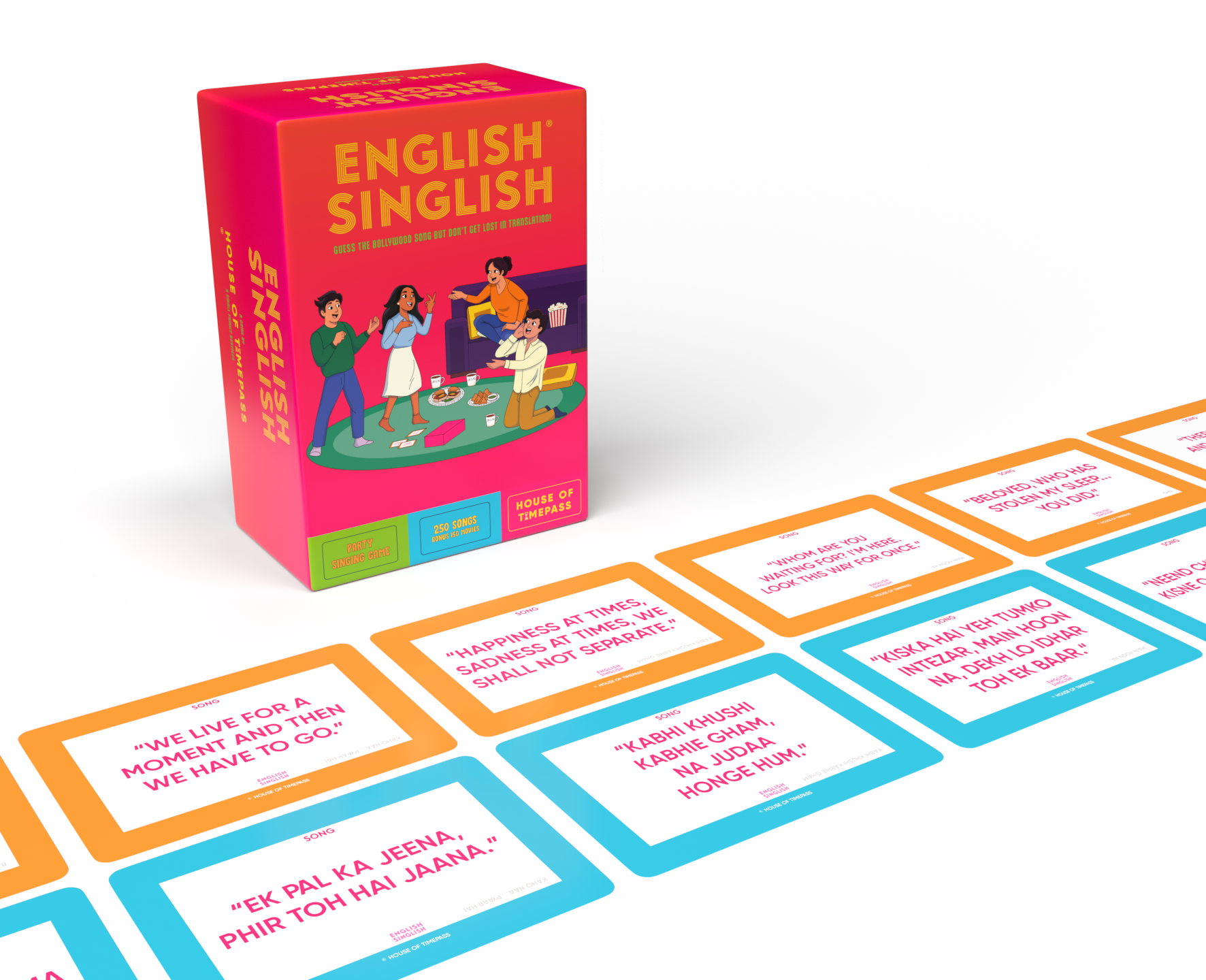 English Singlish box with a row of translated Bollywood song cards laid out