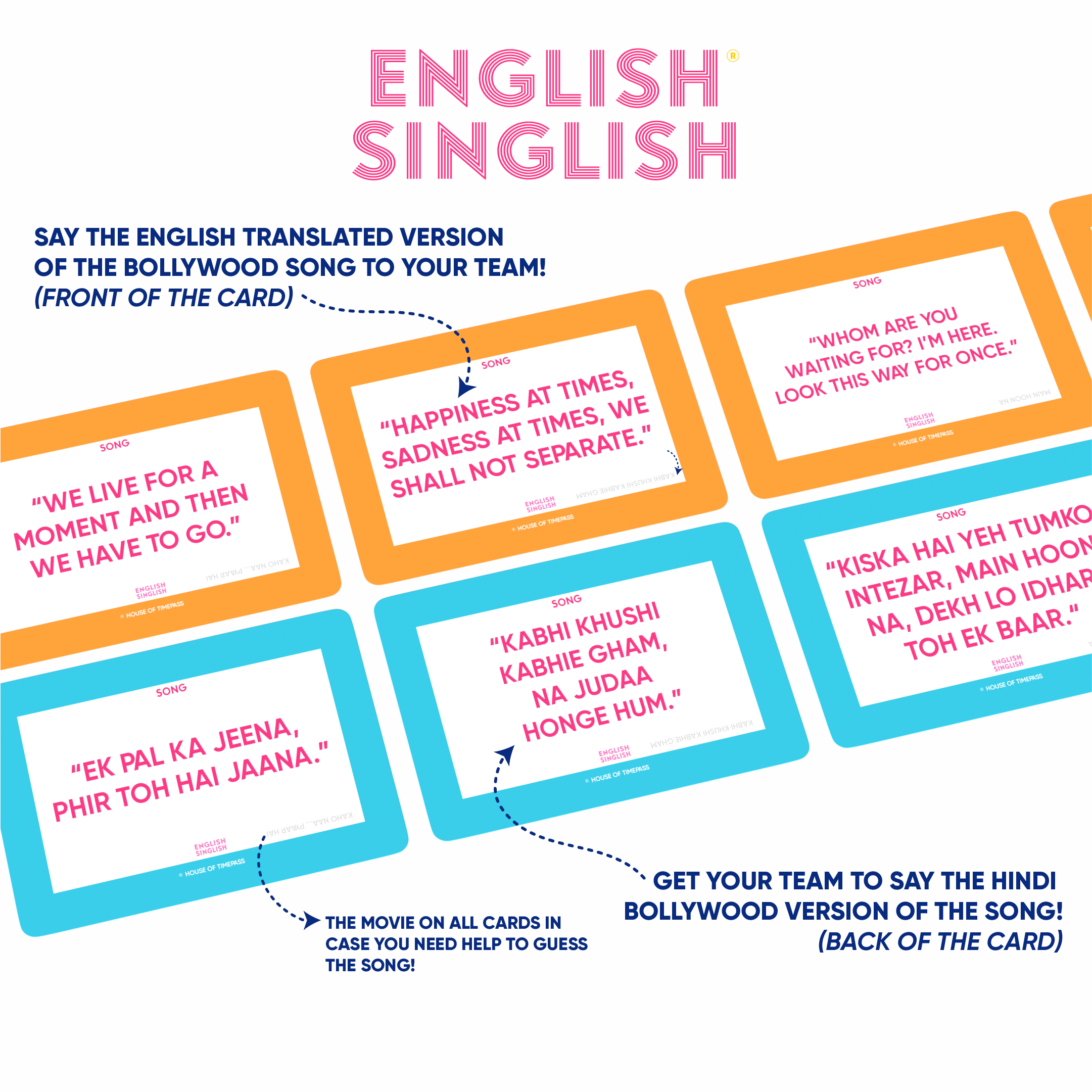 English Singlish cards showing English translations of Bollywood song lyrics