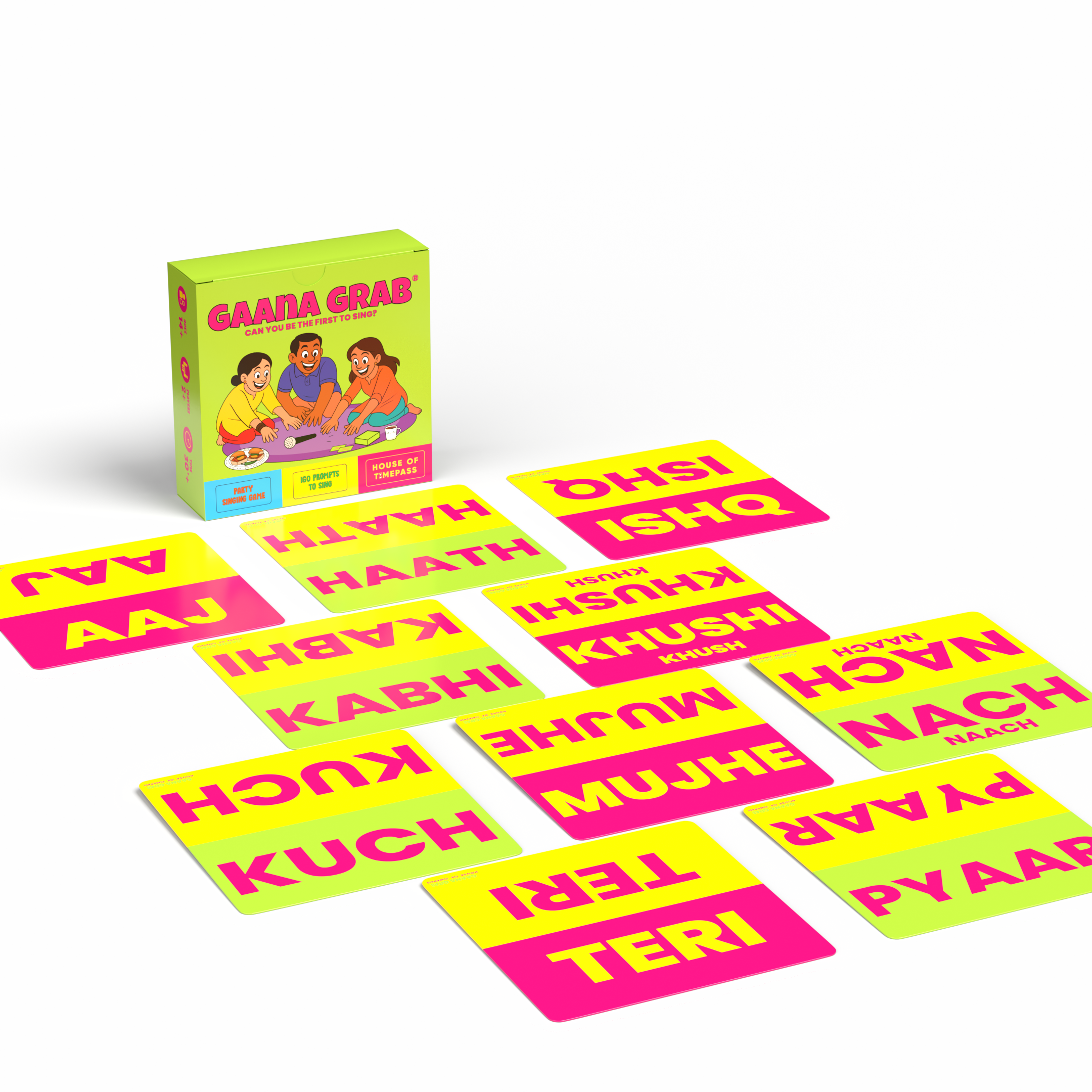 Gaana Grab box with word cards like Kabhi, Haath and Pyaar spread around it