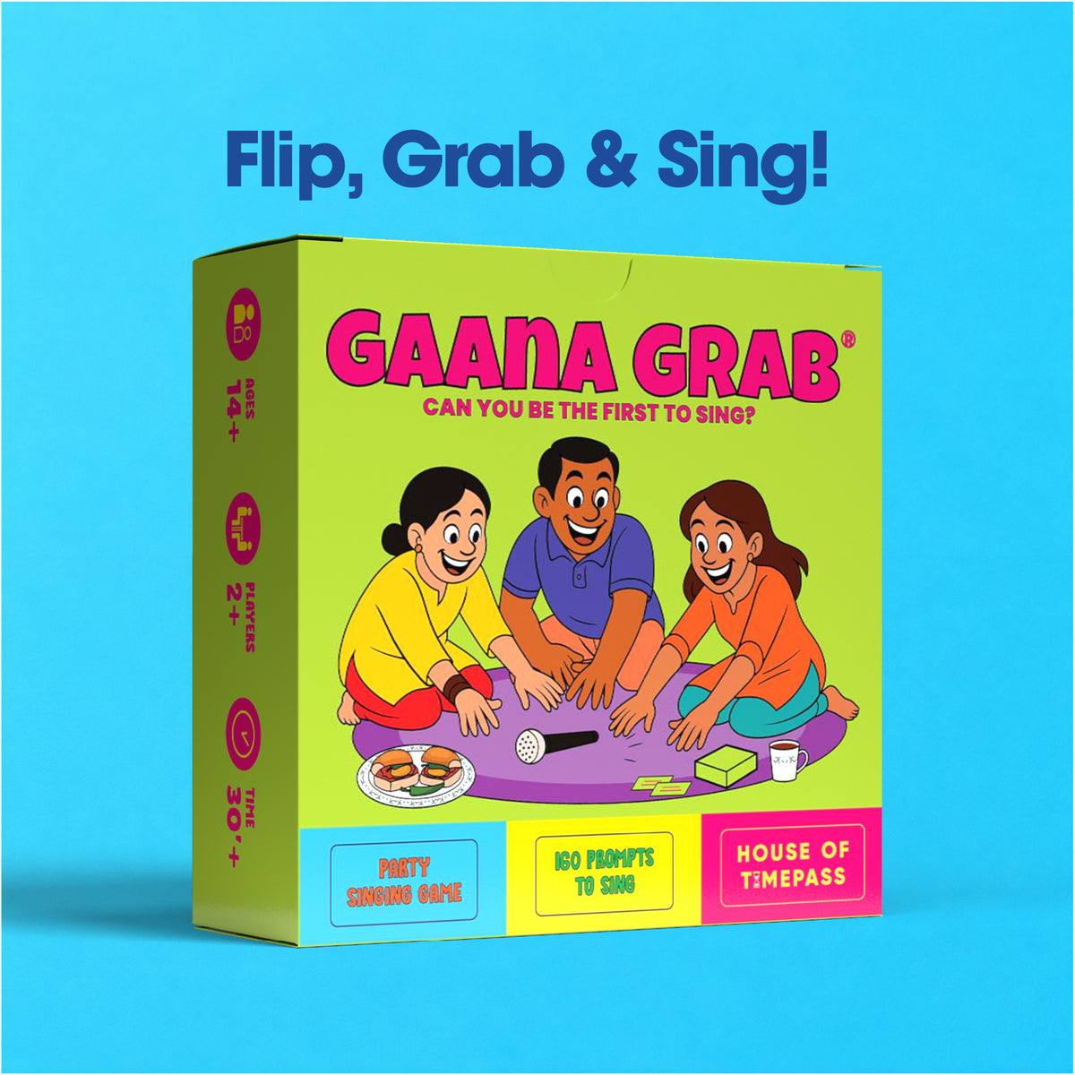 Gaana Grab game box on a cyan background with Flip, Grab & Sing headline