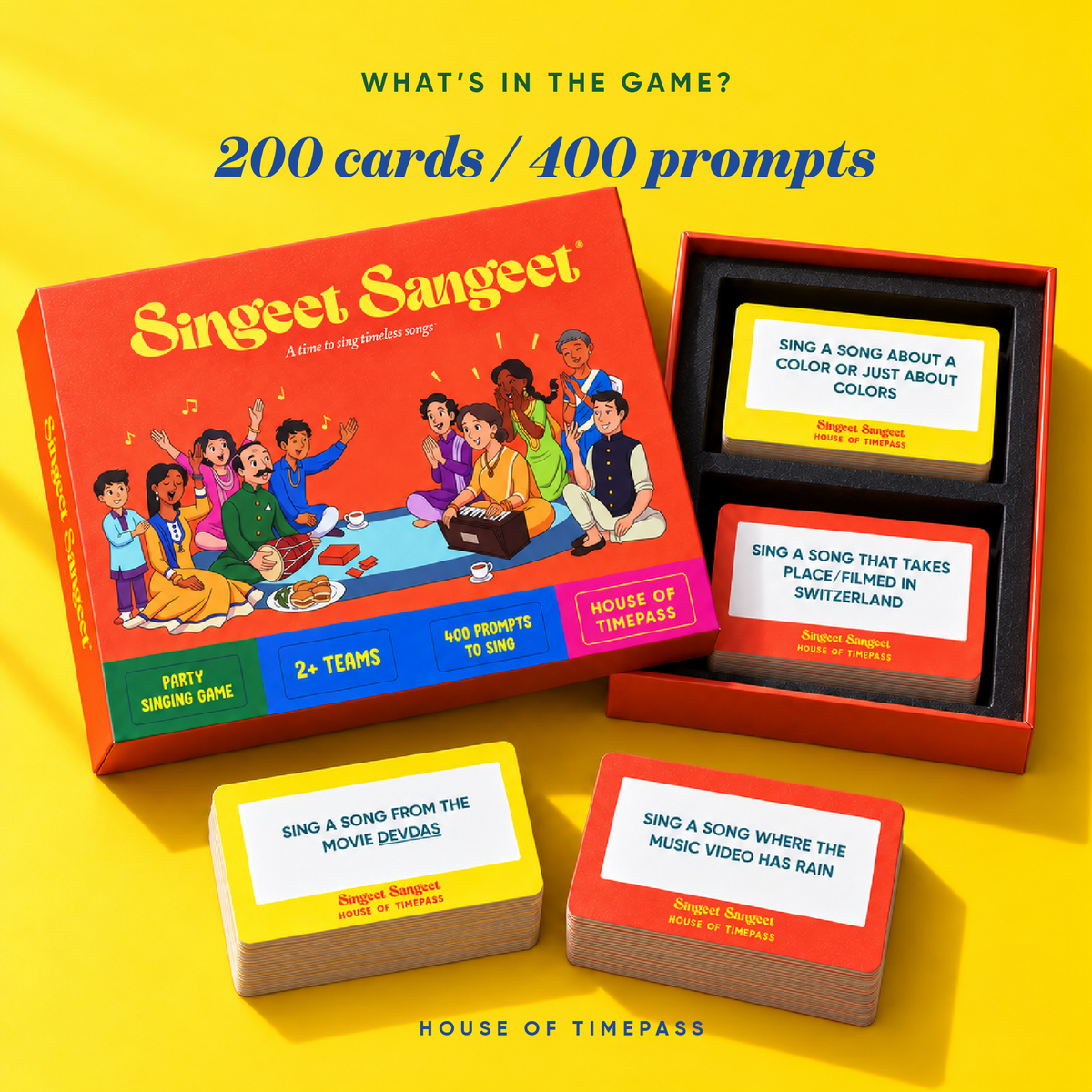 Singeet Sangeet box and prompt cards on yellow; 200 cards and 400 prompts