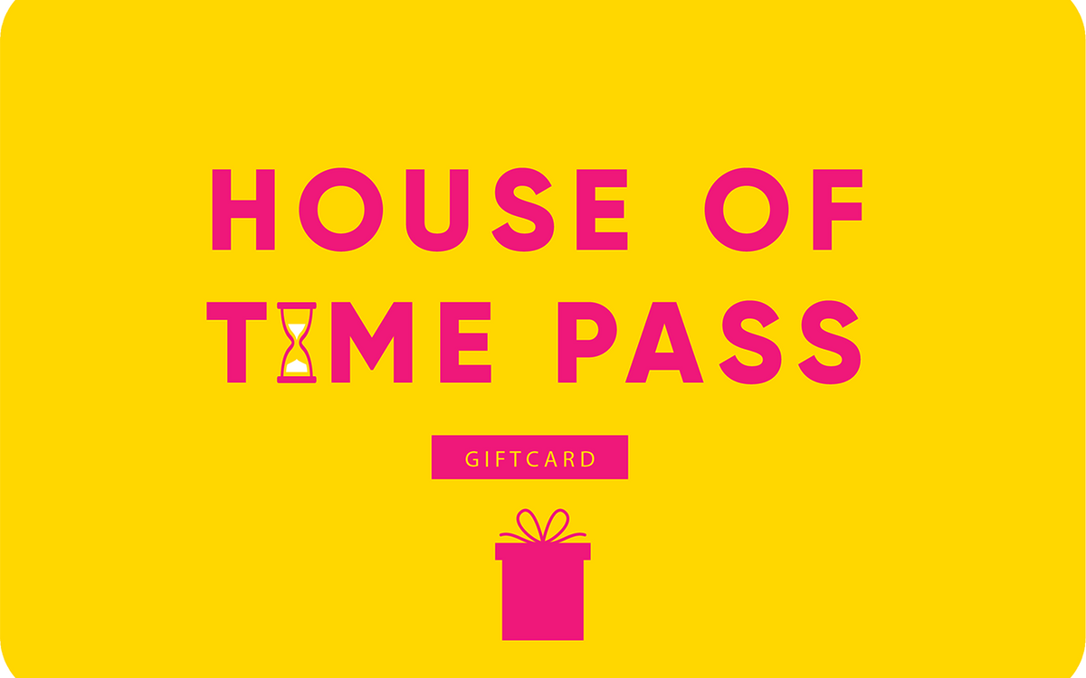 House of Timepass gift card with a pink gift icon on a yellow background