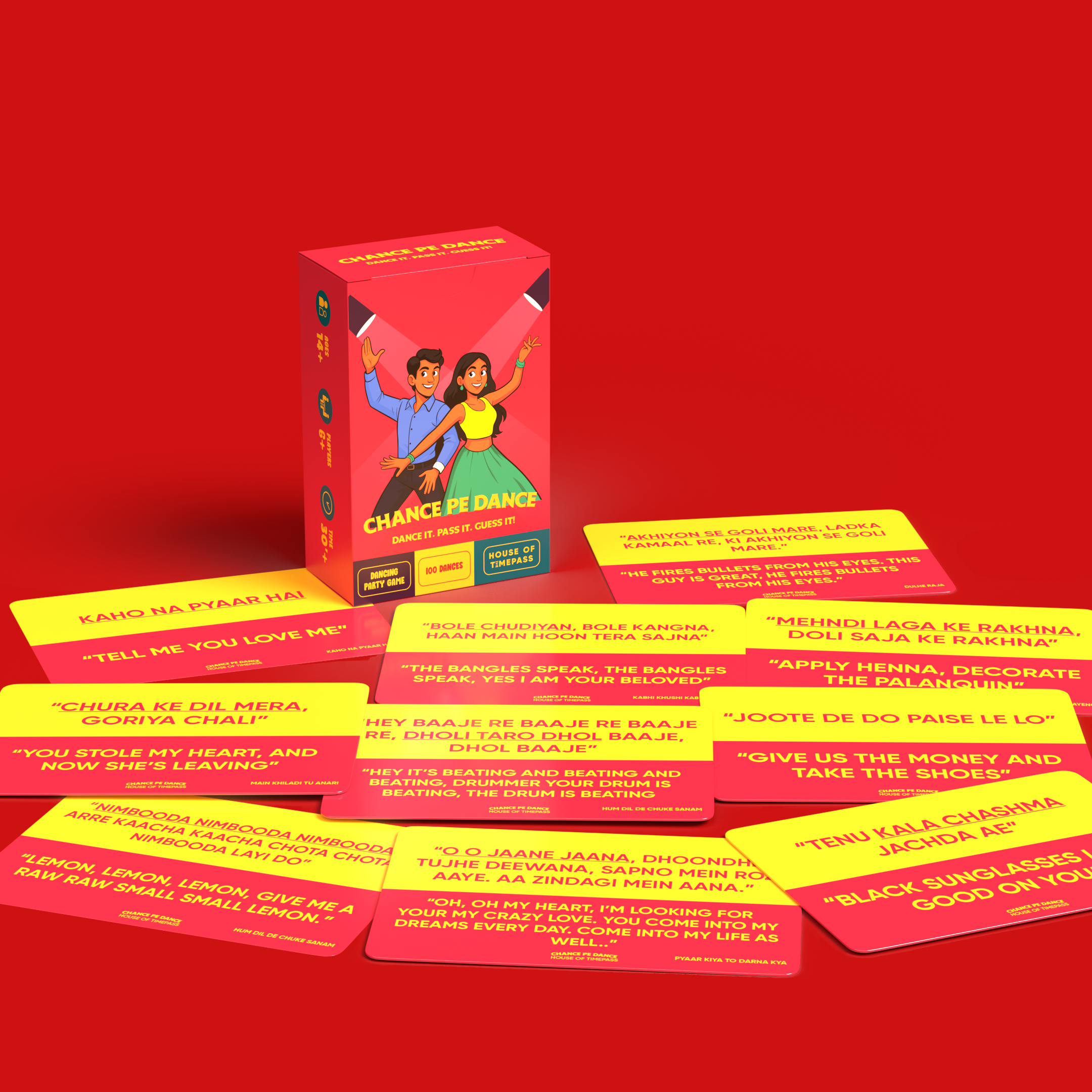 Chance Pe Dance box open on a red background with dance prompt cards