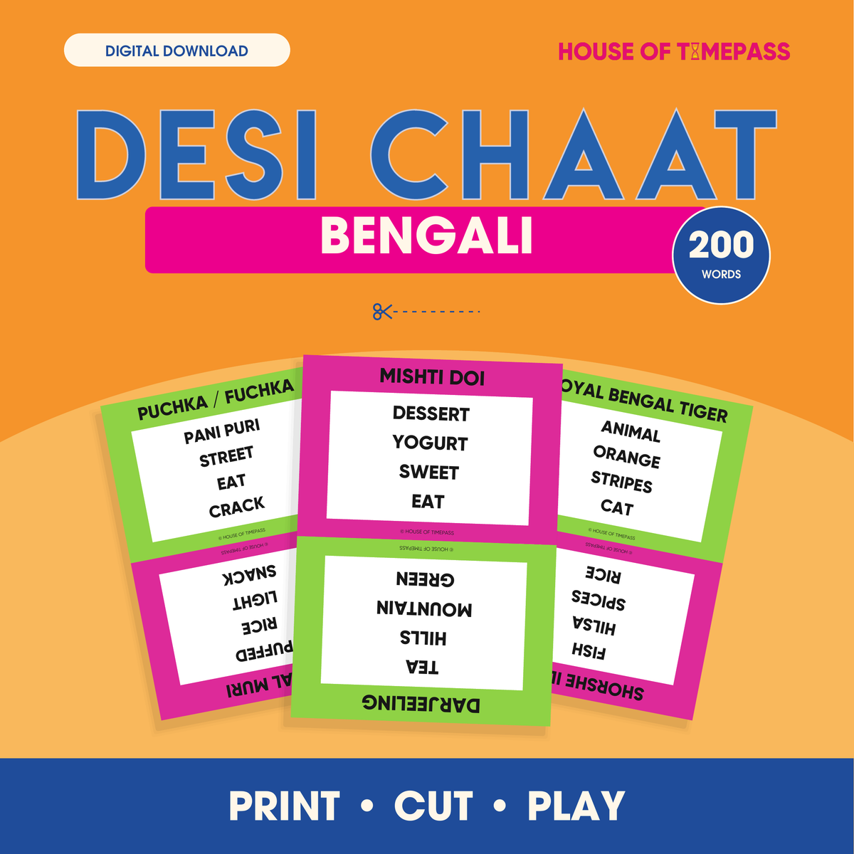 Desi Chaat Bengali 200-word print-and-play digital pack with colour and black-and-white PDFs in US Letter and A4