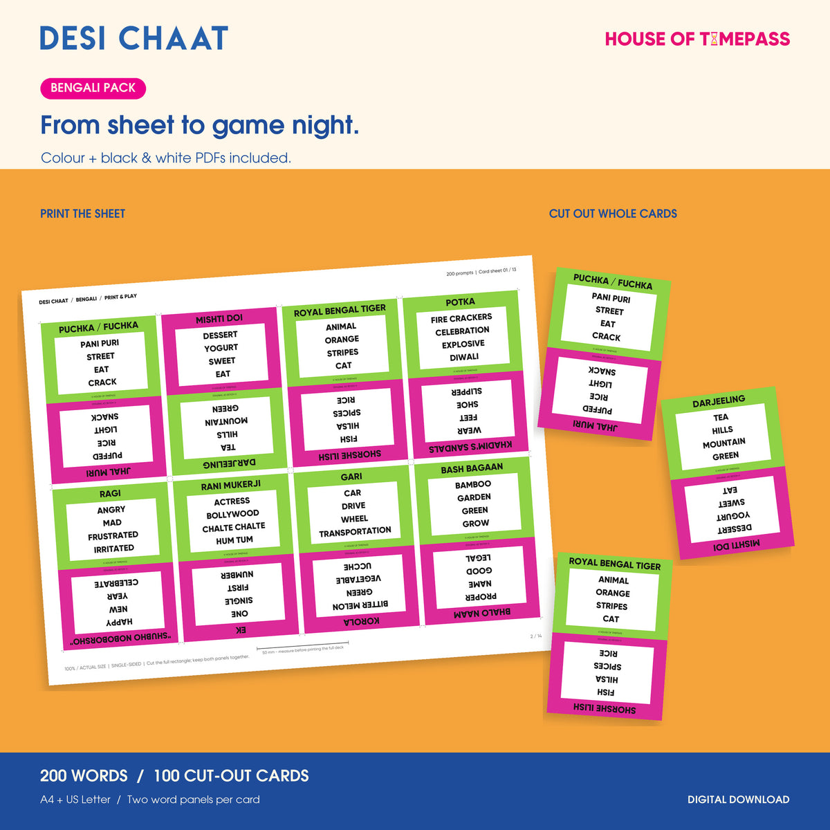 Desi Chaat Bengali printable sheet and three whole cut-out cards; colour and black-and-white PDFs included, with 200 words on 100 cards.