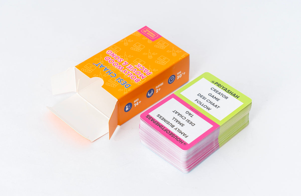 Desi Chaat Bollywood Movie and Song Pack box open with cards stacked beside it