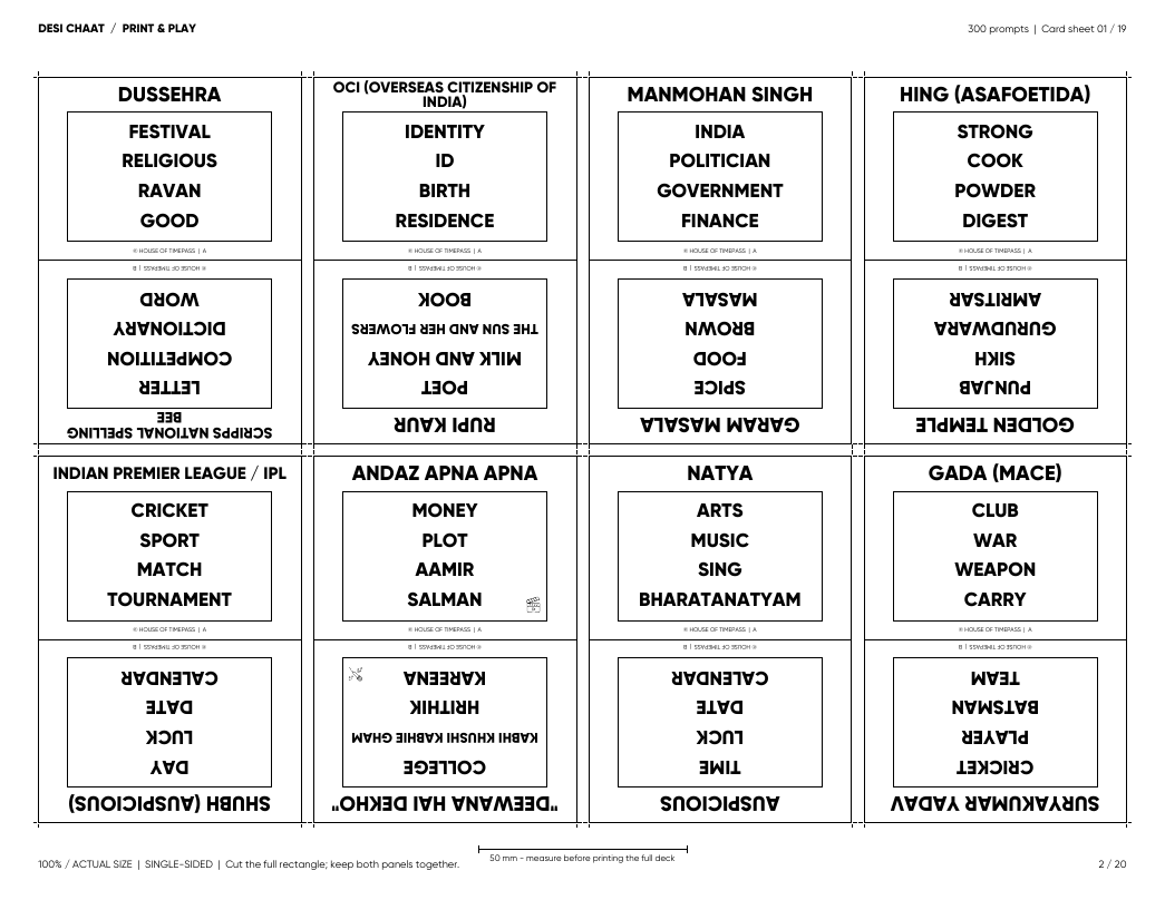 Sample black-and-white outline card sheet from the 300-word Desi Chaat Print & Play digital bundle.