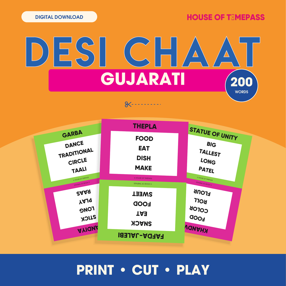 Desi Chaat Gujarati 200-word print-and-play digital pack with colour and black-and-white PDFs in US Letter and A4