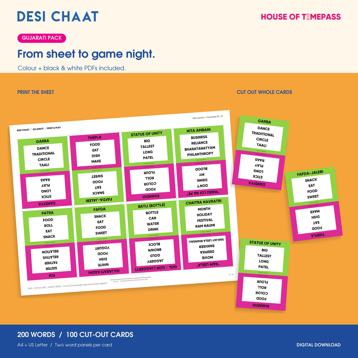Desi Chaat Gujarati printable sheet and three whole cut-out cards; colour and black-and-white PDFs included, with 200 words on 100 cards.
