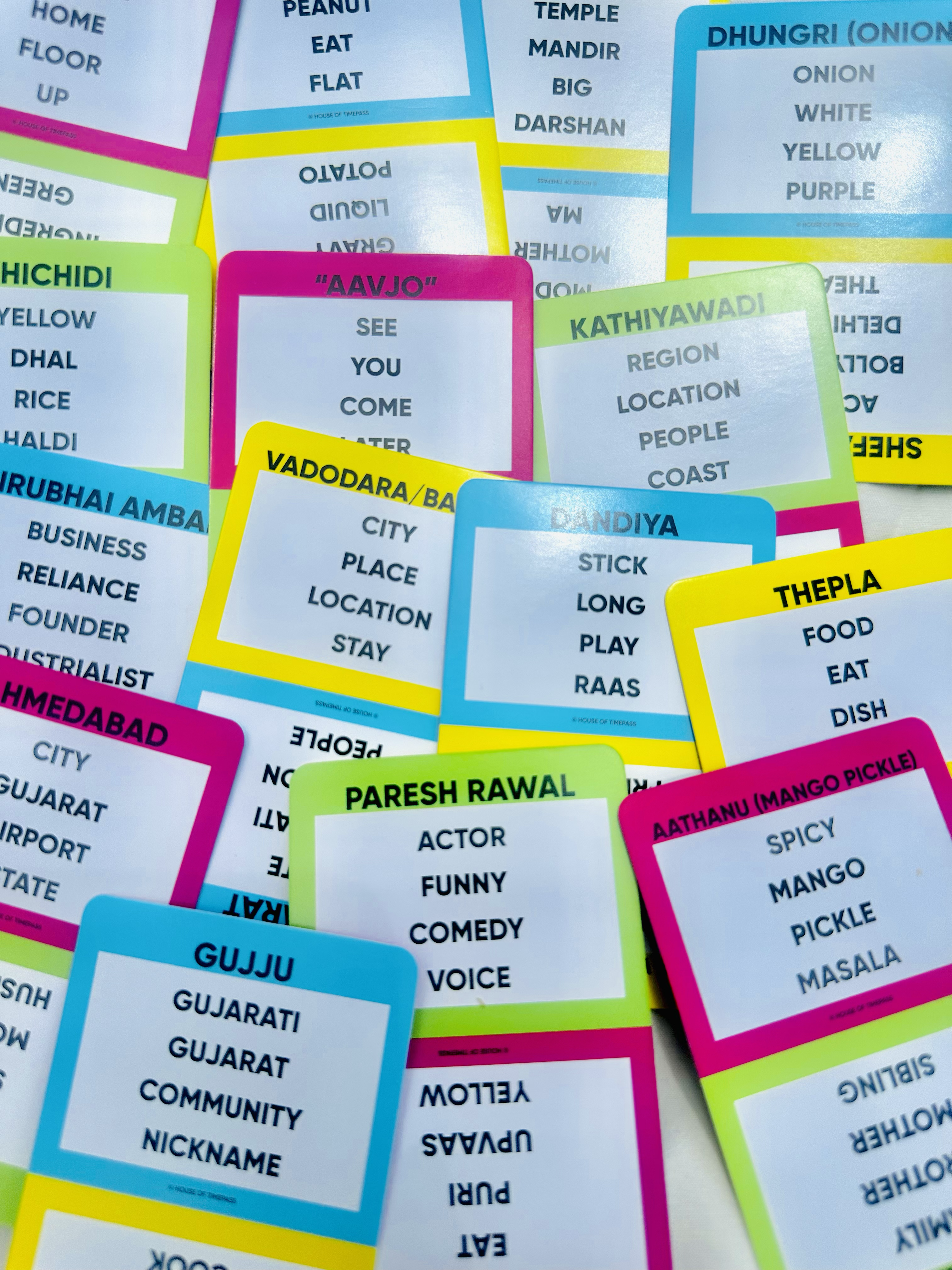 Gujarati Pack cards spread out showing words like Thepla, Mango and Dandiya