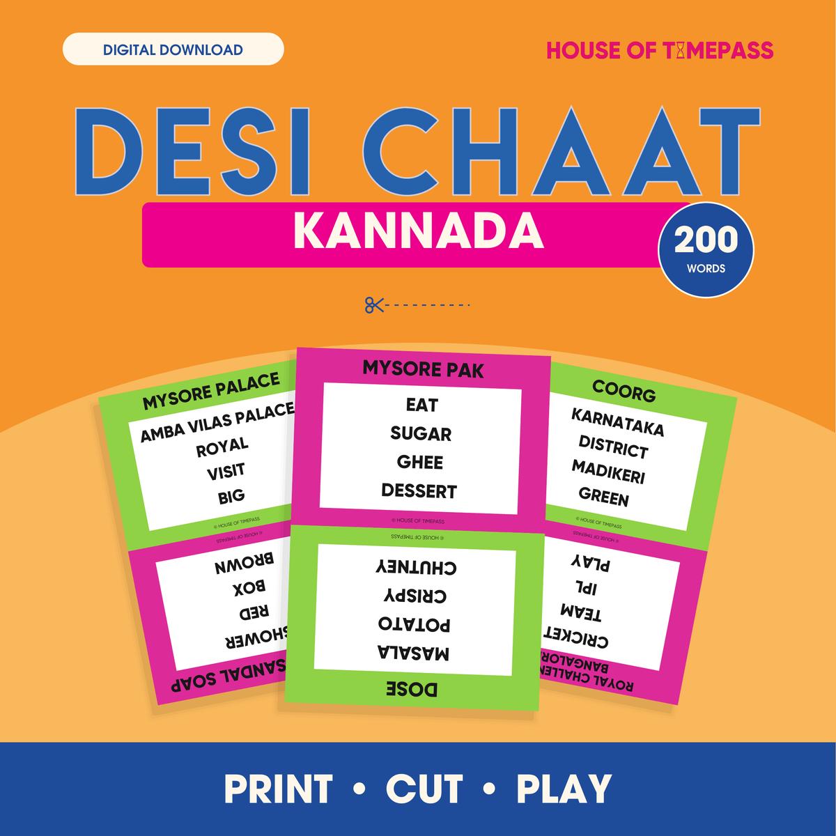 Desi Chaat Kannada 200-word print-and-play digital pack with colour and black-and-white PDFs in US Letter and A4