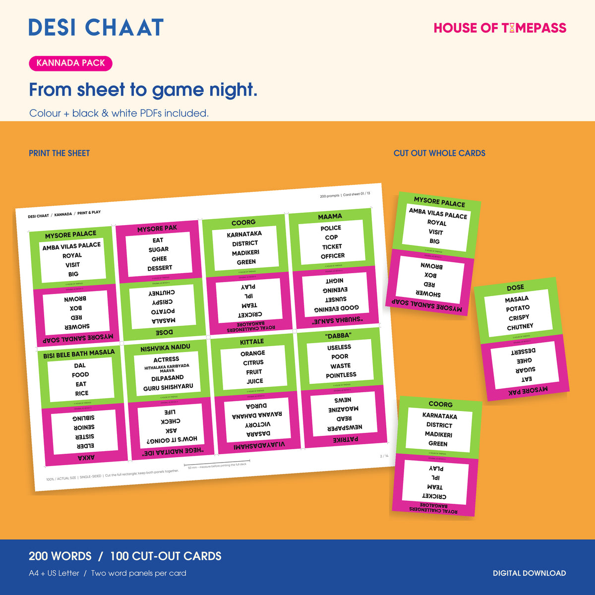 Desi Chaat Kannada printable sheet and three whole cut-out cards; colour and black-and-white PDFs included, with 200 words on 100 cards.