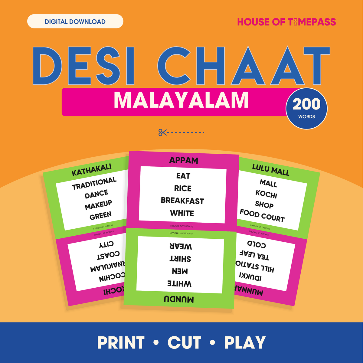 Desi Chaat Malayalam 200-word print-and-play digital pack with colour and black-and-white PDFs in US Letter and A4