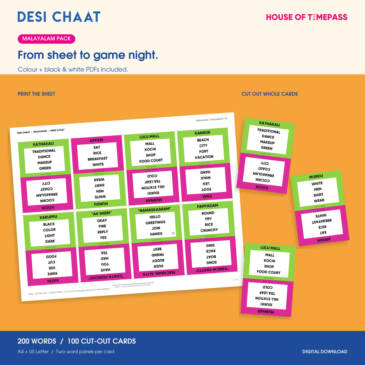 Desi Chaat Malayalam printable sheet and three whole cut-out cards; colour and black-and-white PDFs included, with 200 words on 100 cards.