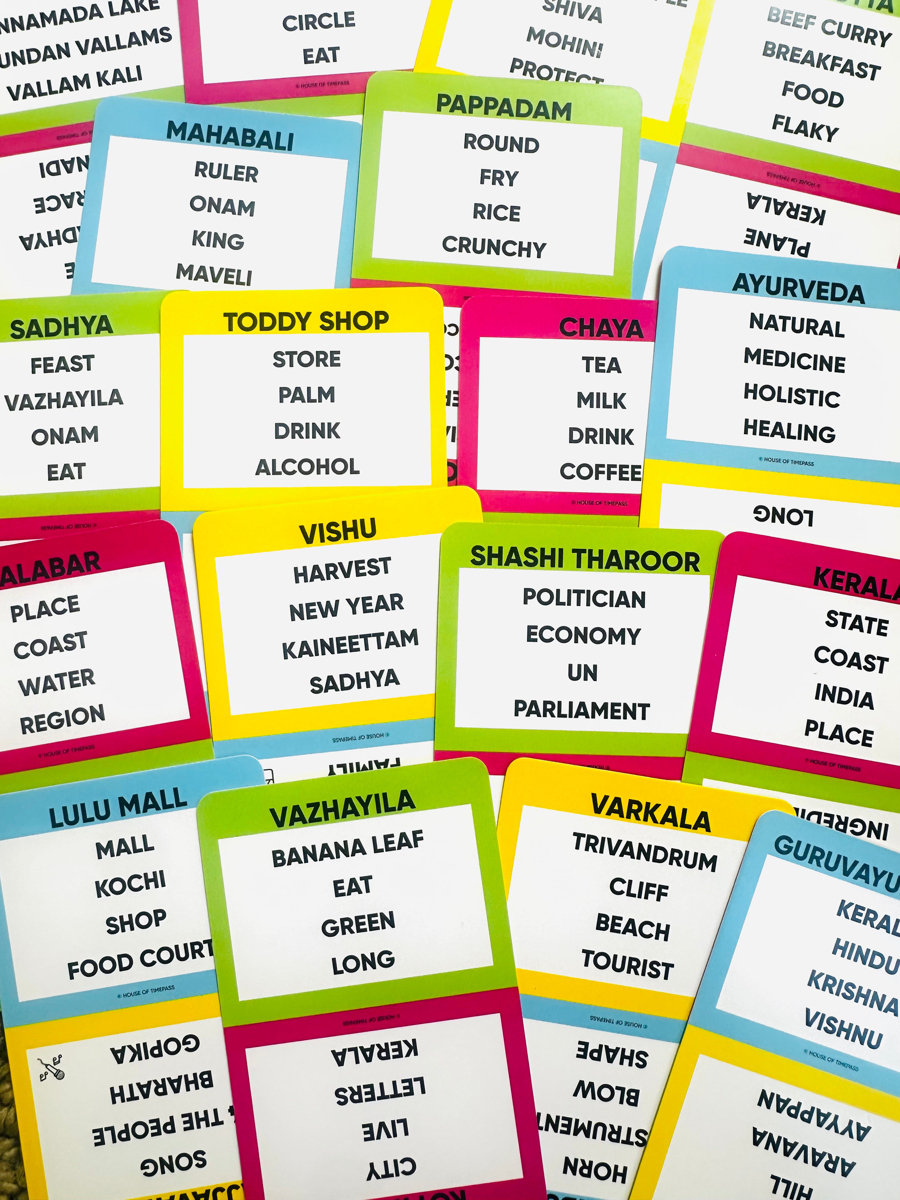 Malayalam Pack cards spread out showing Malayalam words and phrases to guess