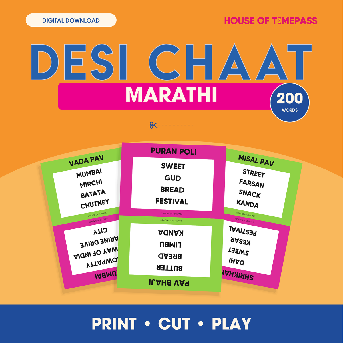Desi Chaat Marathi 200-word print-and-play digital pack with colour and black-and-white PDFs in US Letter and A4