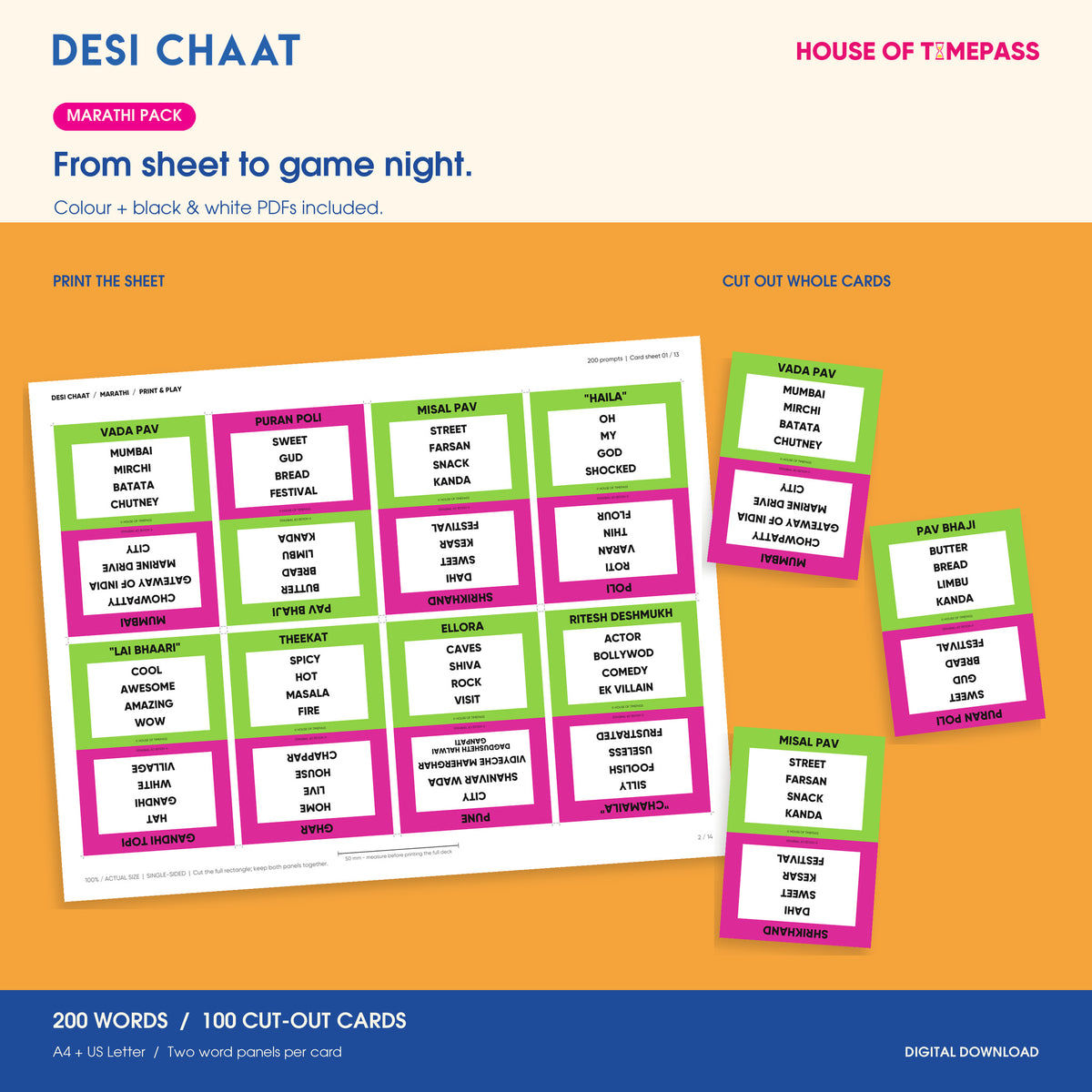Desi Chaat Marathi printable sheet and three whole cut-out cards, with colour and black-and-white PDFs included; 200 words across 100 cards.