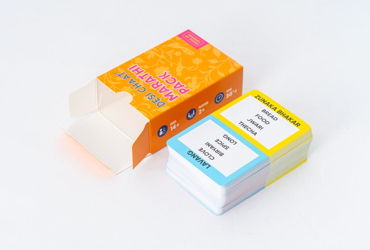 Desi Chaat Marathi Pack box open with a stack of word cards beside it