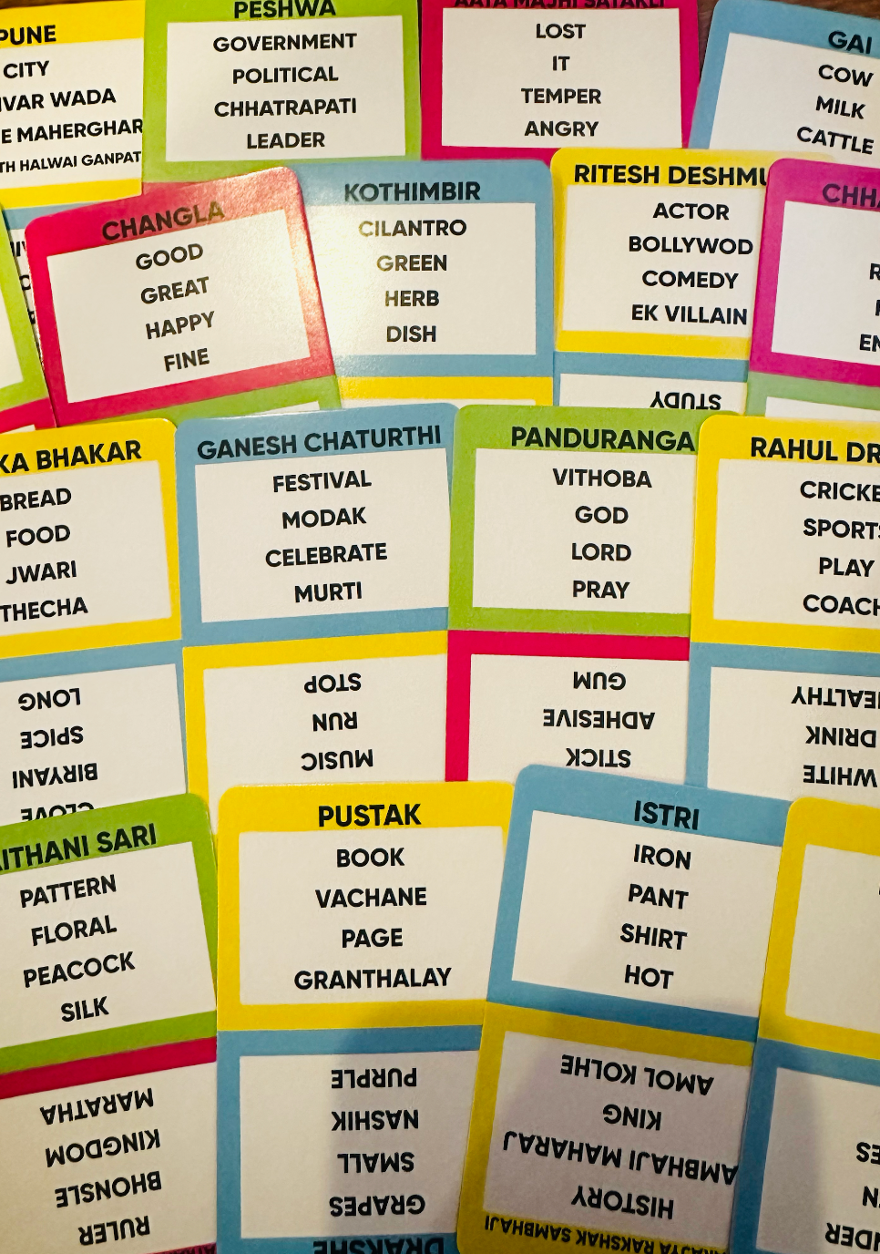 Marathi Pack cards spread out showing Marathi words and phrases to guess