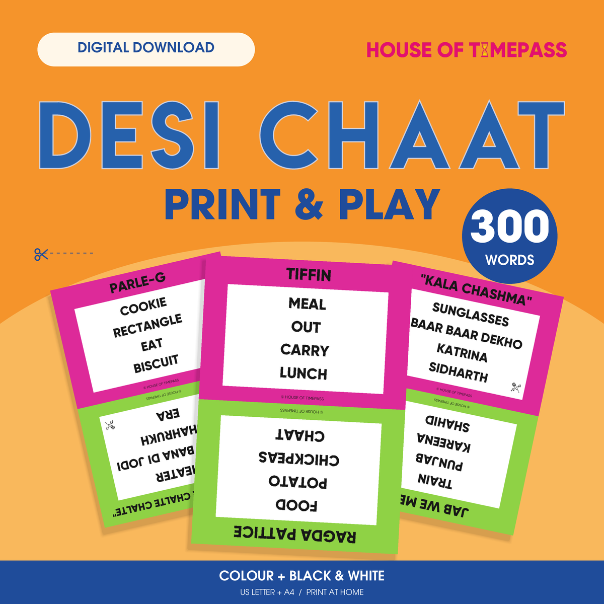 Desi Chaat Print & Play digital download, 300 words, with the official one-line transparent pink House of Timepass logo and Tiffin, Parle-G and Kala Chashma cards.