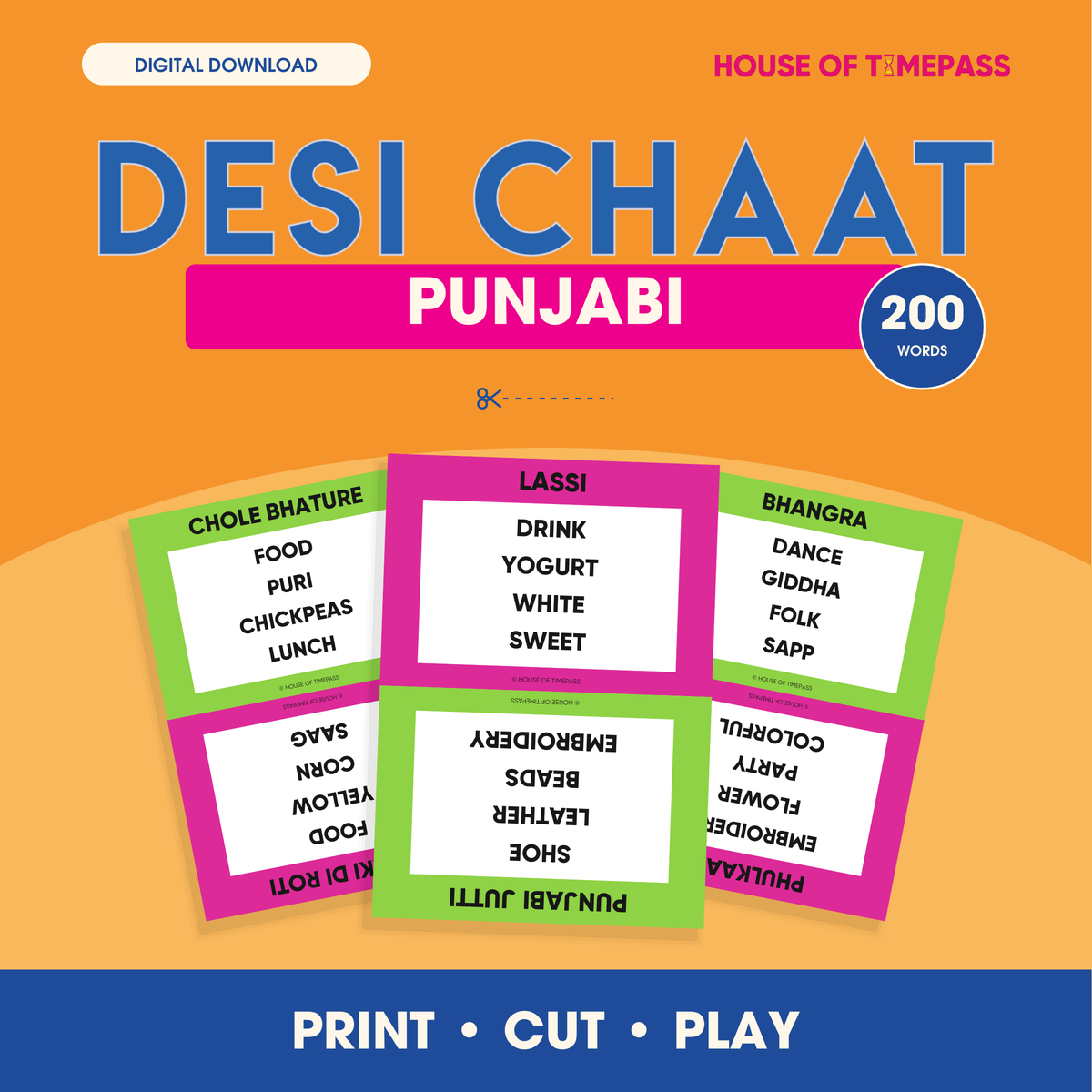Desi Chaat Punjabi 200-word print-and-play digital pack with colour and black-and-white PDFs in US Letter and A4
