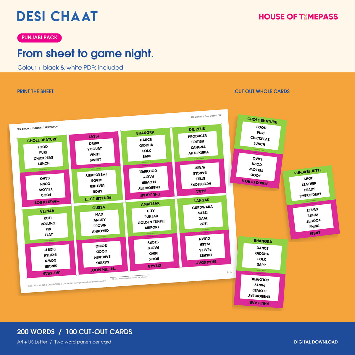 Desi Chaat Punjabi printable sheet and three whole cut-out cards; colour and black-and-white PDFs included, with 200 words on 100 cards.