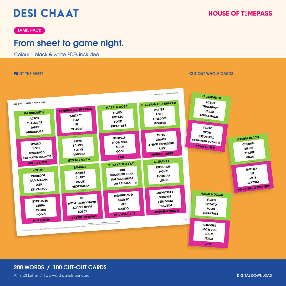 Desi Chaat Tamil printable sheet and three whole cut-out cards; colour and black-and-white PDFs included, with 200 words on 100 cards.