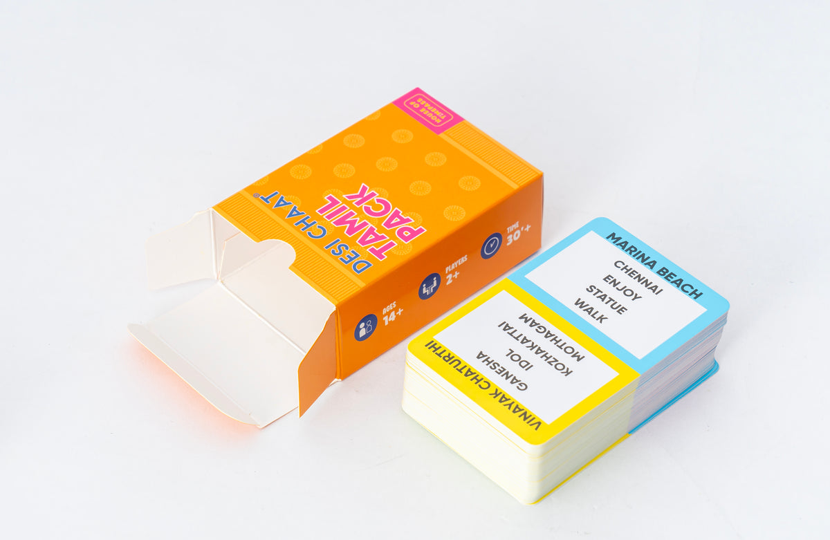 Desi Chaat Tamil Pack box open with a stack of word cards beside it