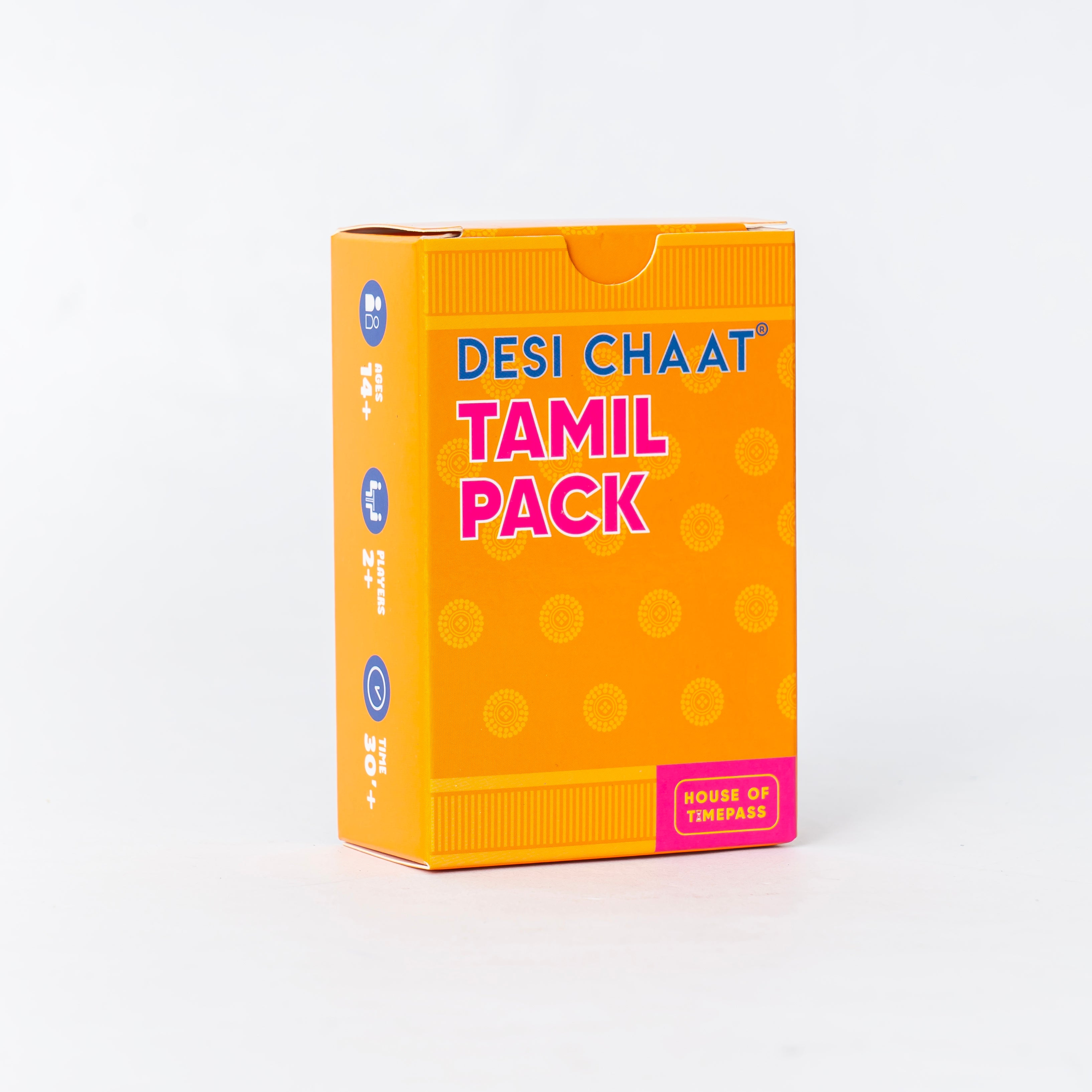 Desi Chaat Tamil Pack tuck box standing upright on a white background