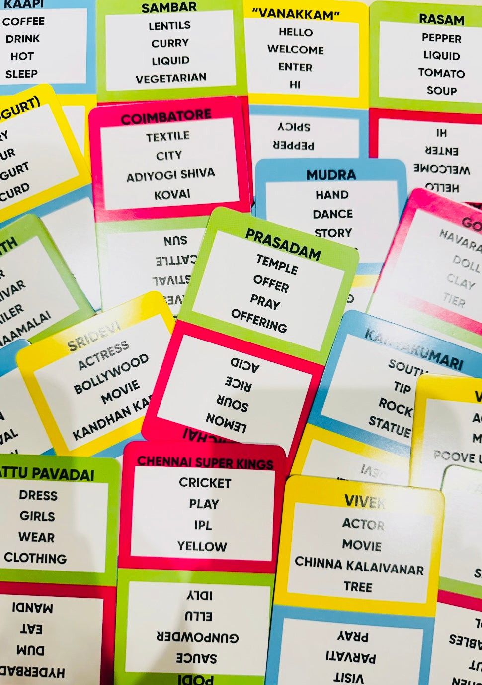 Tamil Pack cards spread out showing Tamil words and phrases to guess