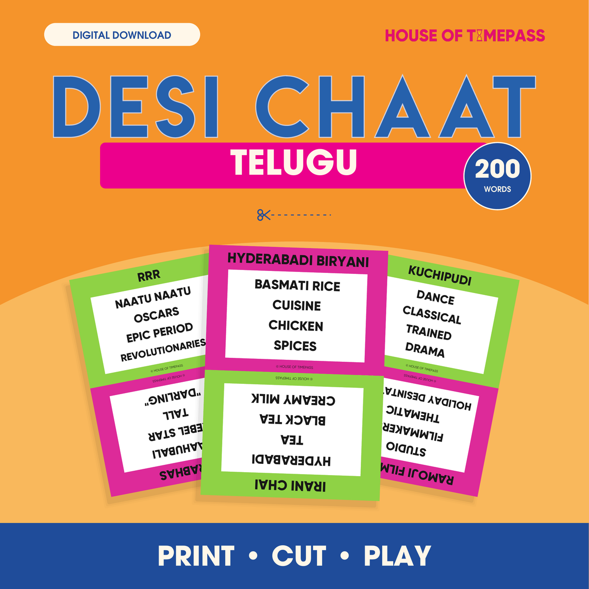 Desi Chaat Telugu 200-word print-and-play digital pack with colour and black-and-white PDFs in US Letter and A4