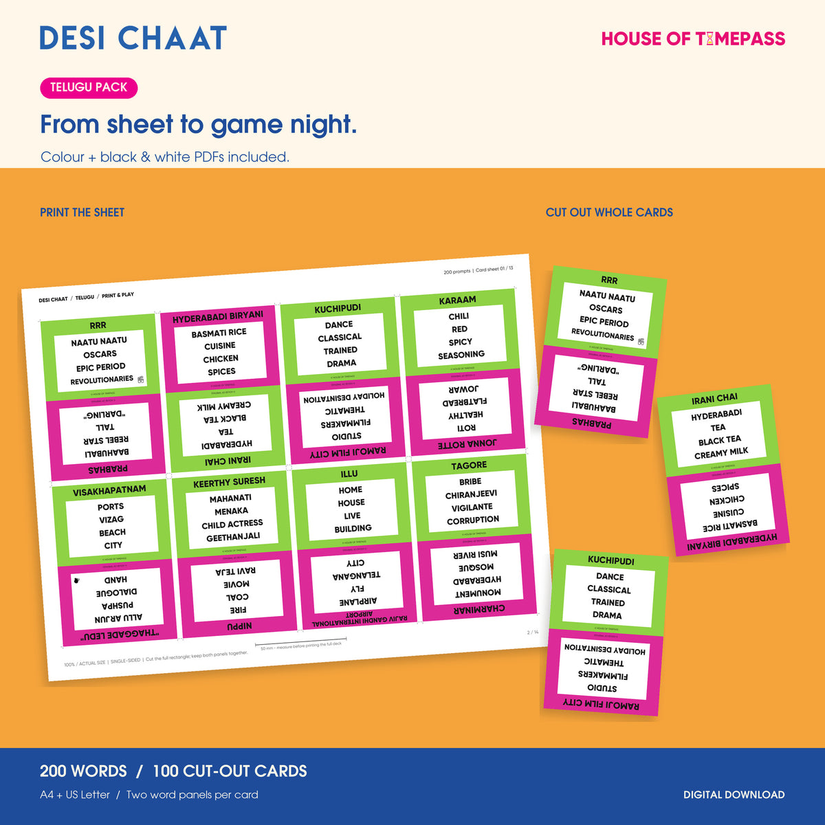 Desi Chaat Telugu printable sheet and three whole cut-out cards; colour and black-and-white PDFs included, with 200 words on 100 cards.