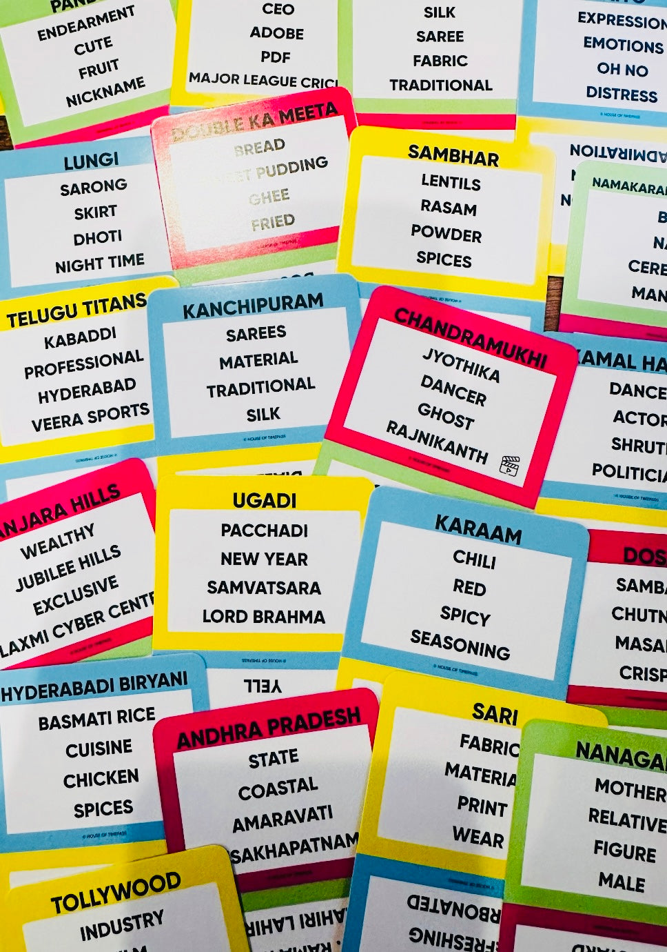 Telugu Pack cards spread out showing Telugu words and phrases to guess