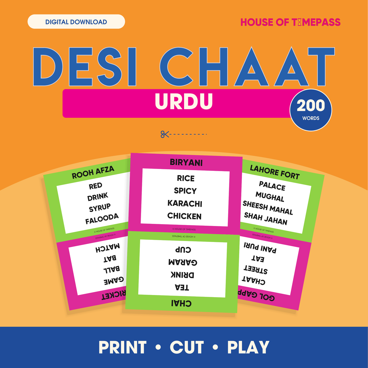 Desi Chaat Urdu 200-word print-and-play digital pack with colour and black-and-white PDFs in US Letter and A4