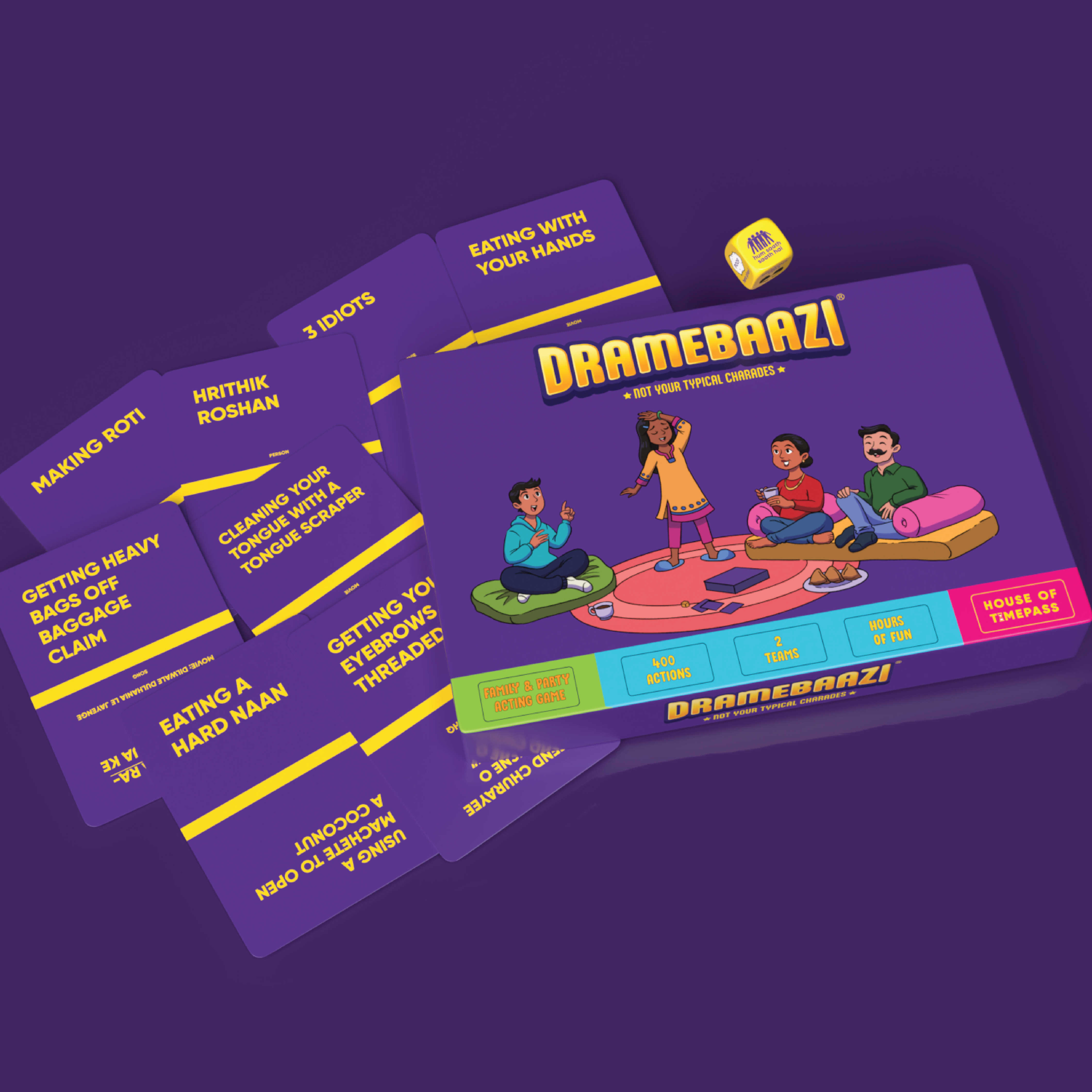 Dramebaazi purple prompt cards fanned out beside the game box