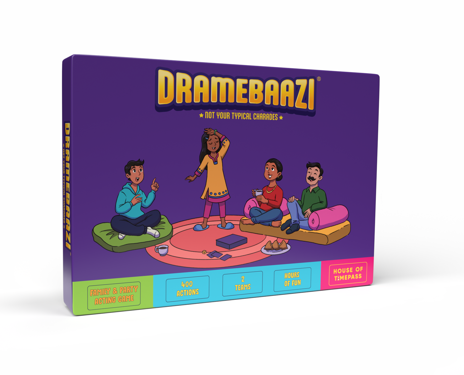 Dramebaazi game box showing an illustrated family acting out charades on a rug