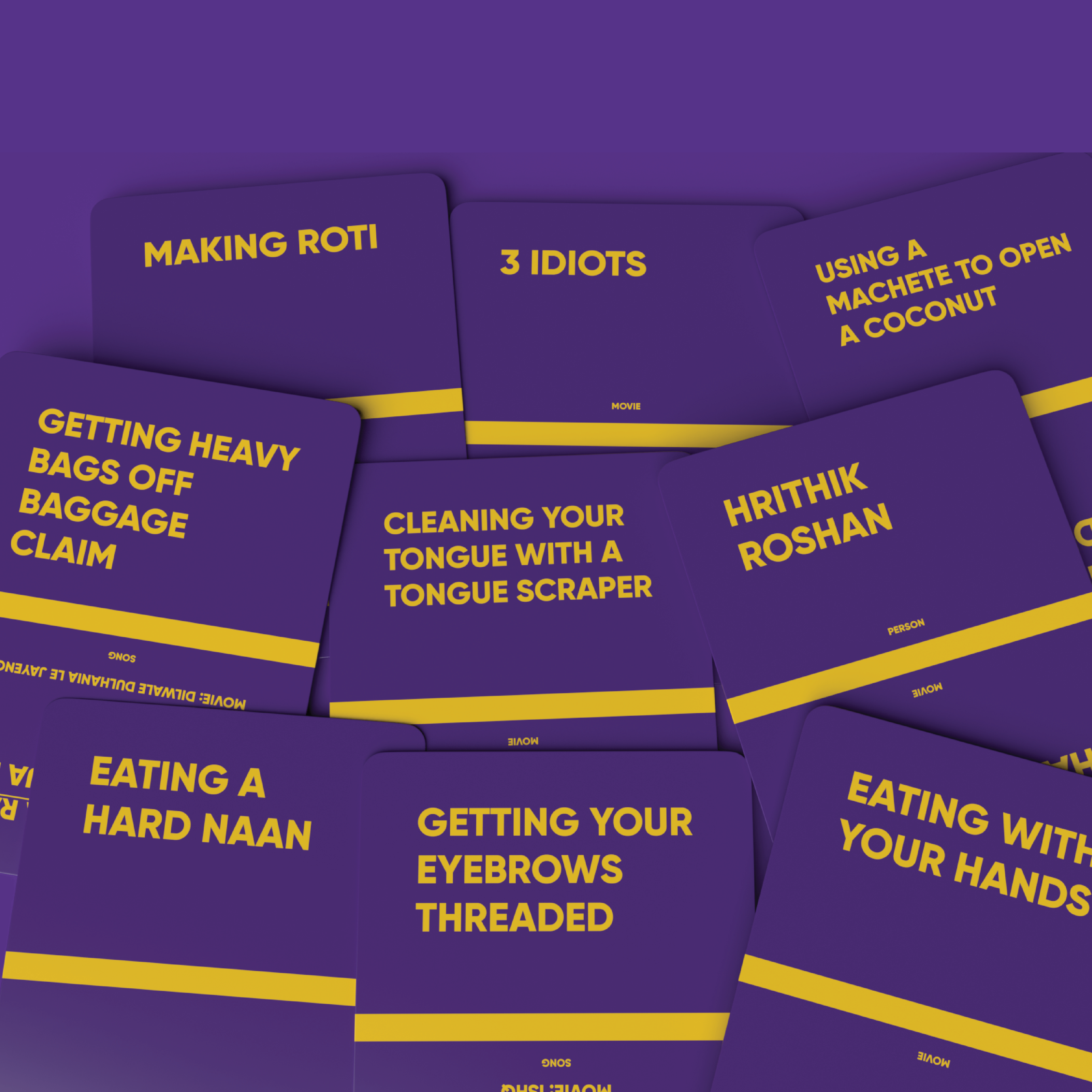 Dramebaazi cards with prompts like making roti, 3 Idiots and getting your eyebrows threaded