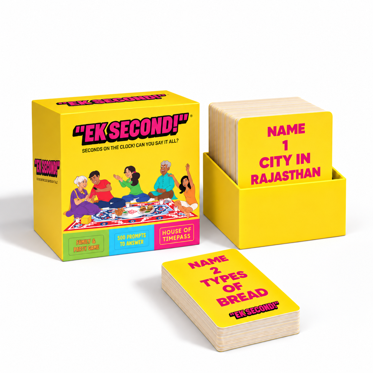Ek Second box and upright trivia cards, with Name 1 City in Rajasthan and Name 2 Types of Bread sample prompts