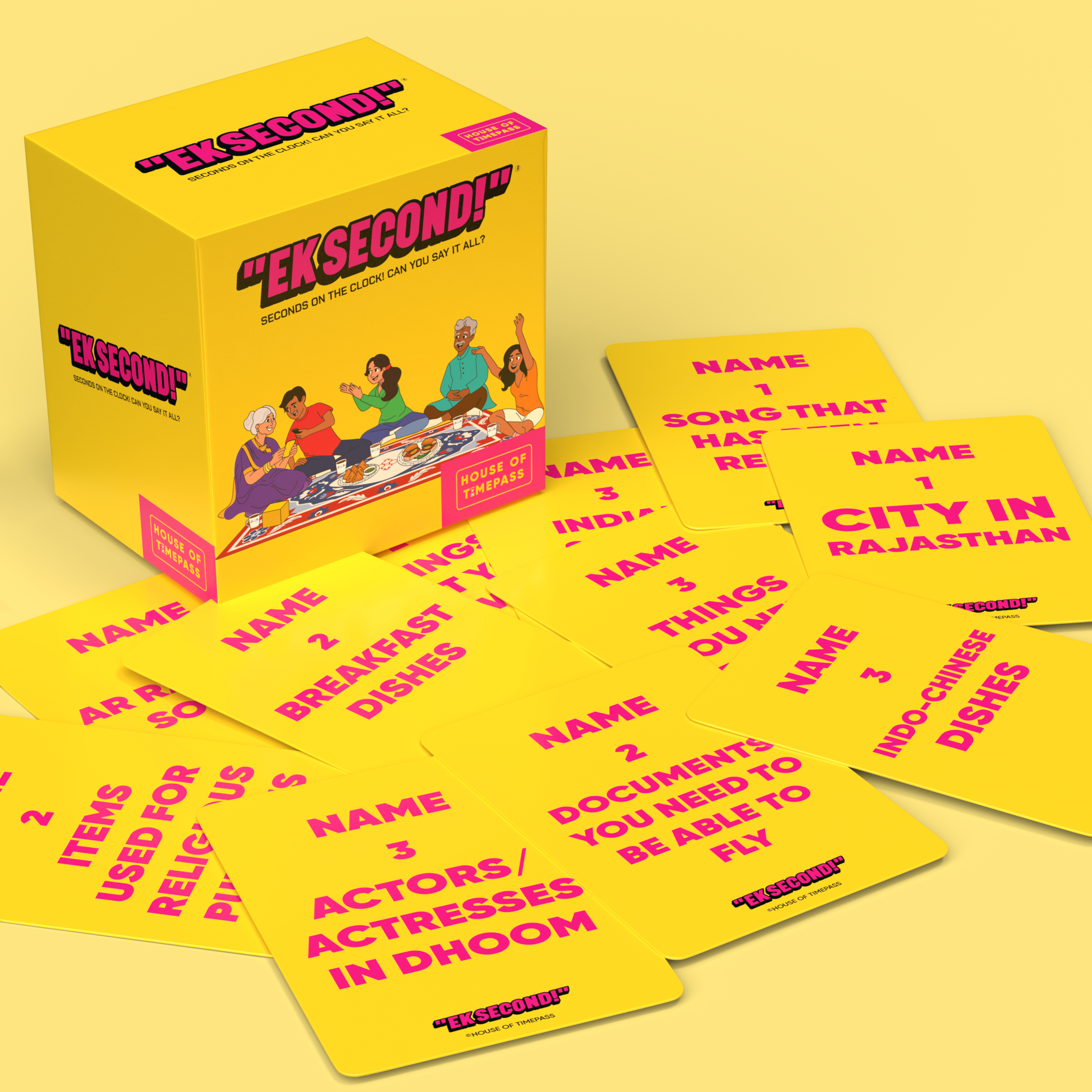 Ek Second game box with yellow trivia prompt cards spread around it