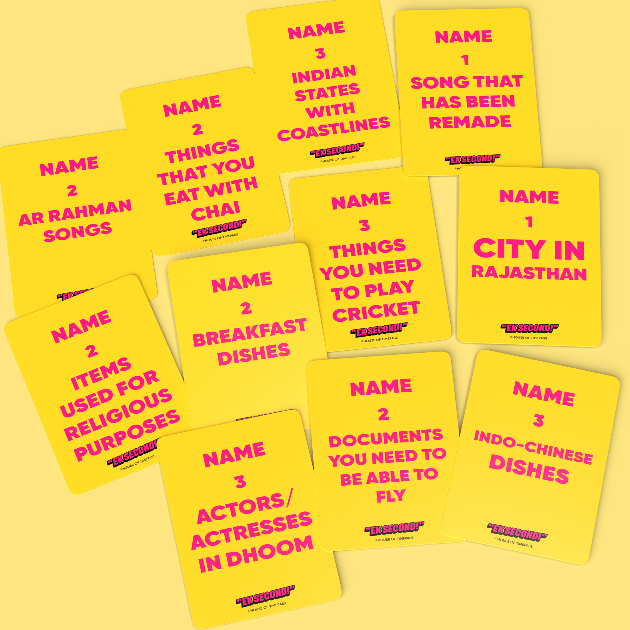 Ek Second cards with prompts like name two AR Rahman songs and name one city in Rajasthan