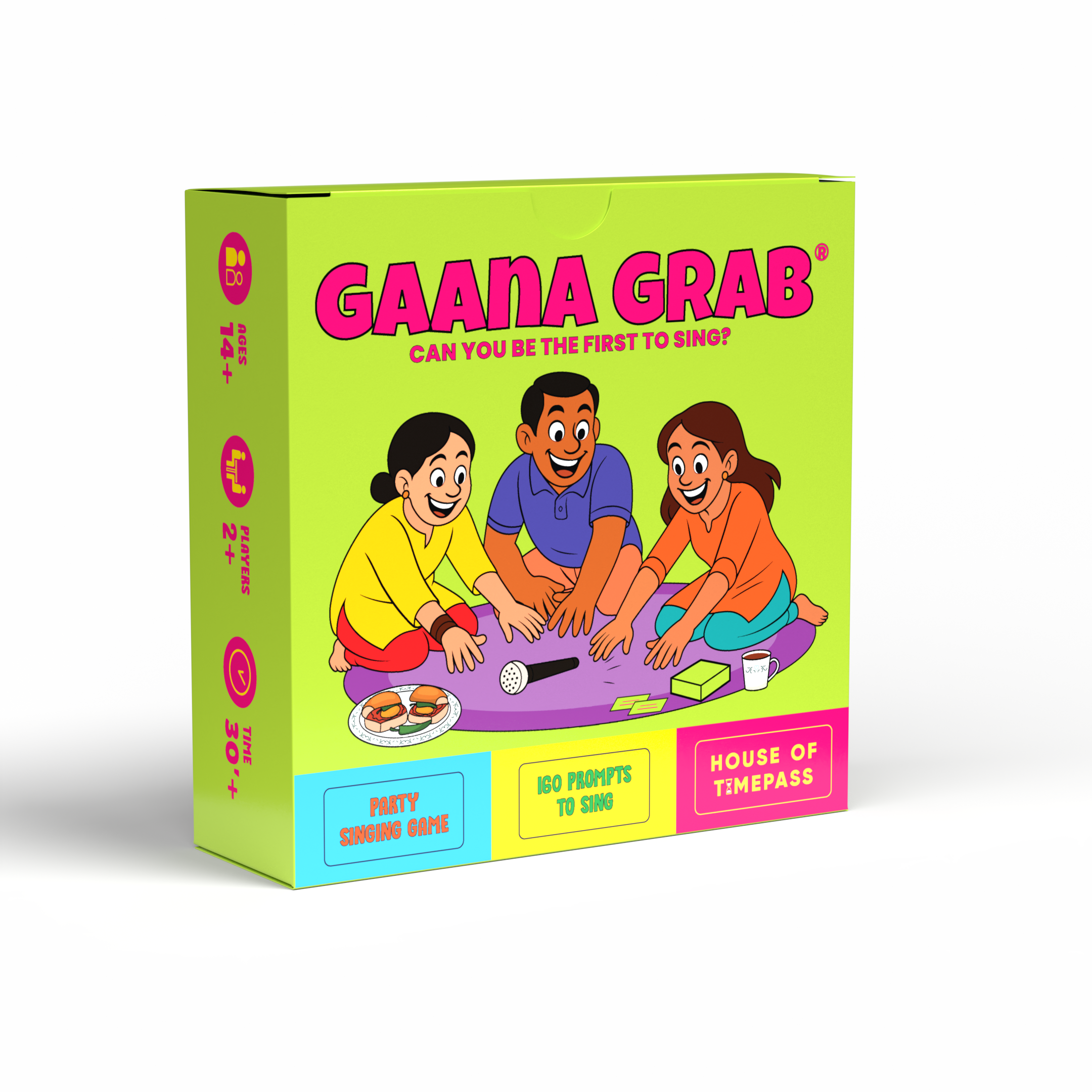 Gaana Grab game box with illustrated players reaching for the microphone